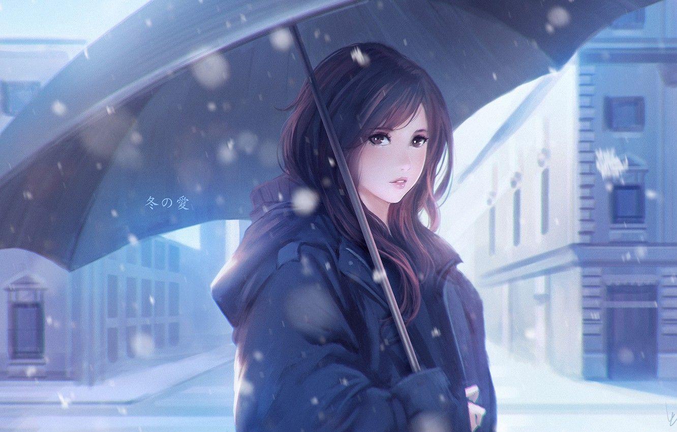 Wallpaper winter, snow, umbrella, anime, art, girl, Vu Nguyen, Winter Love image for desktop, section сёдзё