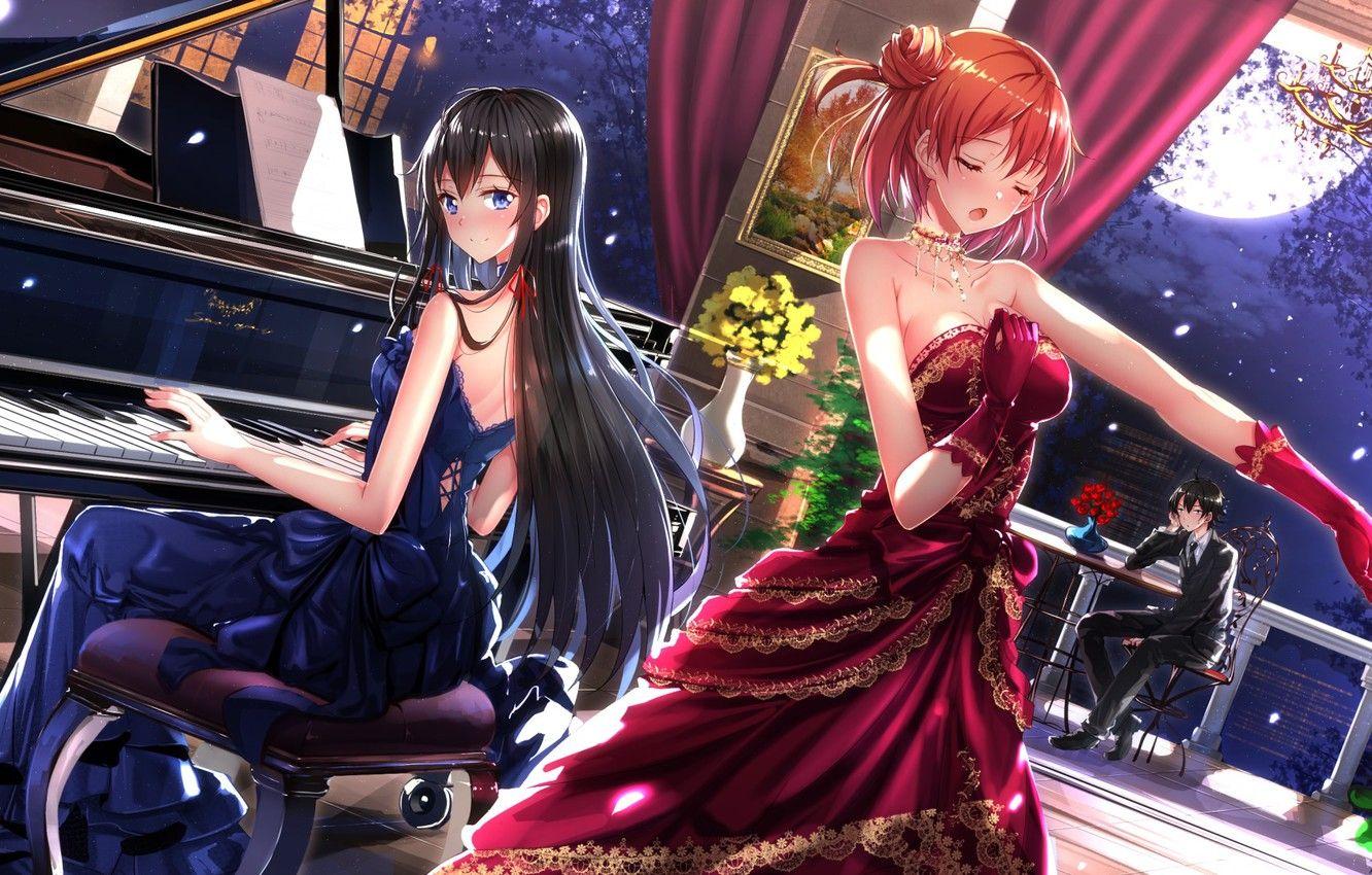 Wallpaper look, night, smile, girls, the moon, dress, piano, costume