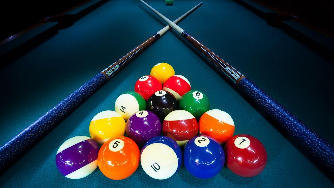 Download wallpaper 1366x768 billiard, balls, cue, table tablet