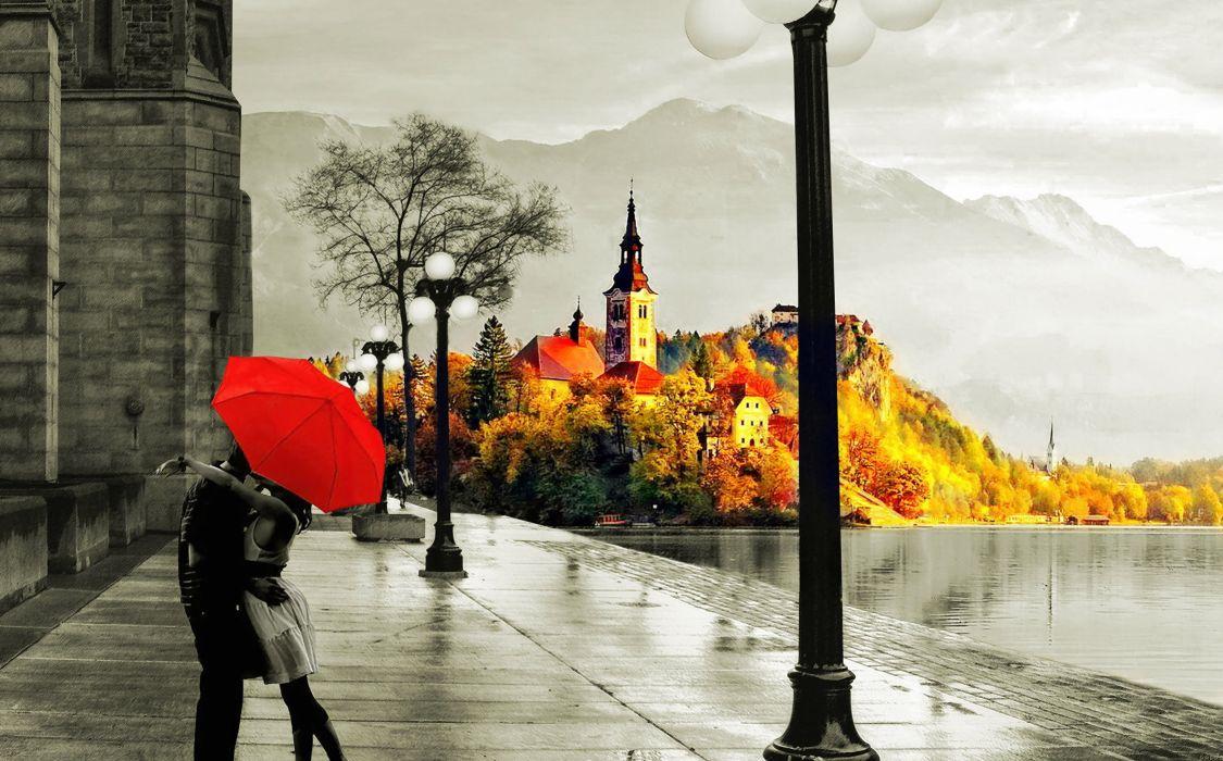 Love autumn rain kiss lake wet street umberella wallpaperx1765