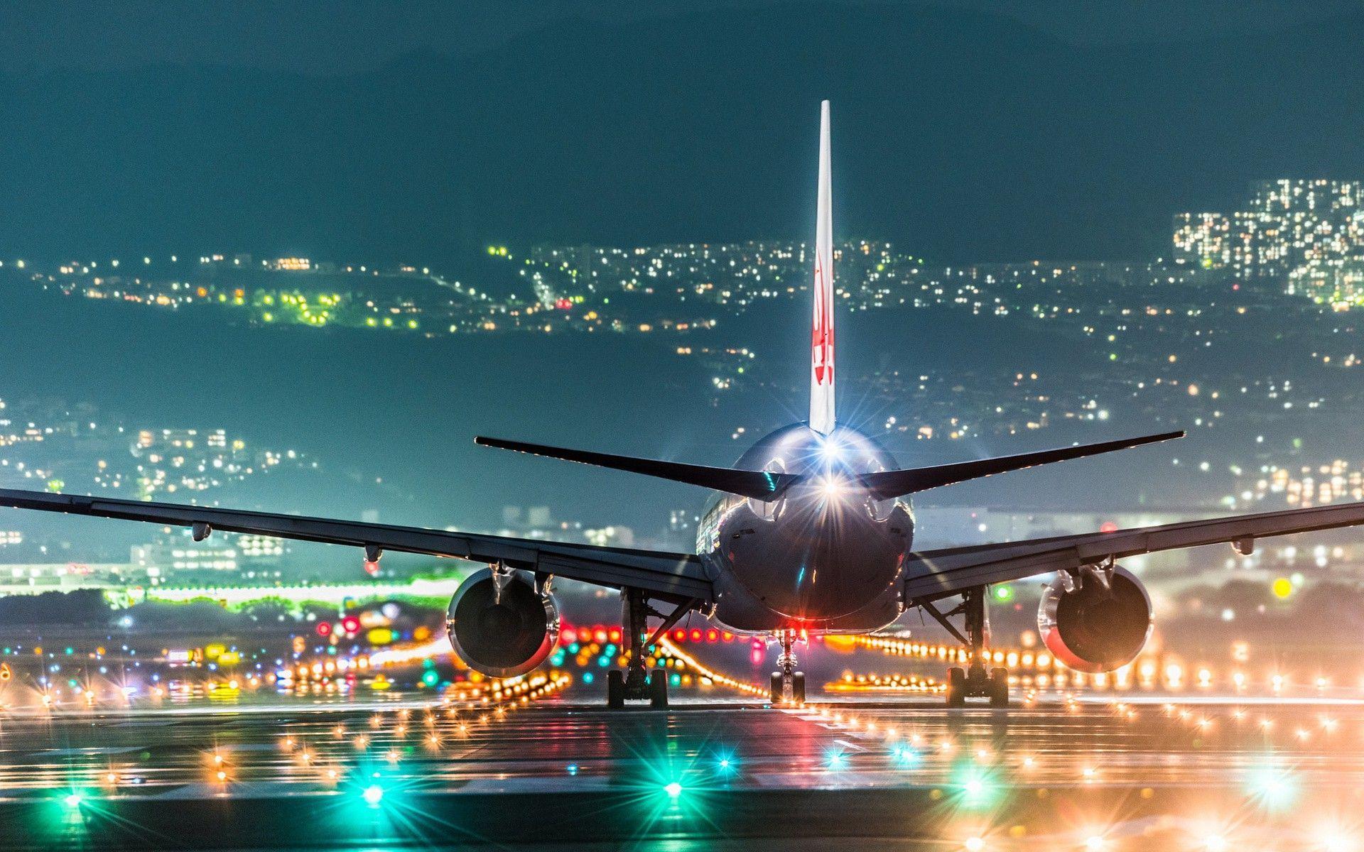Plane Landing On Night Airport Runway Lights Wallpaper HD. All