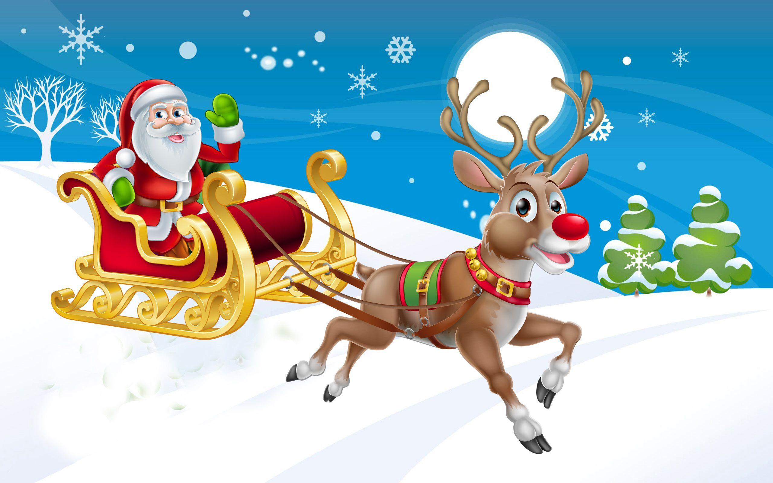 New Year Christmas Santa Claus Sleigh Reindeer Winter Wallpaper HD
