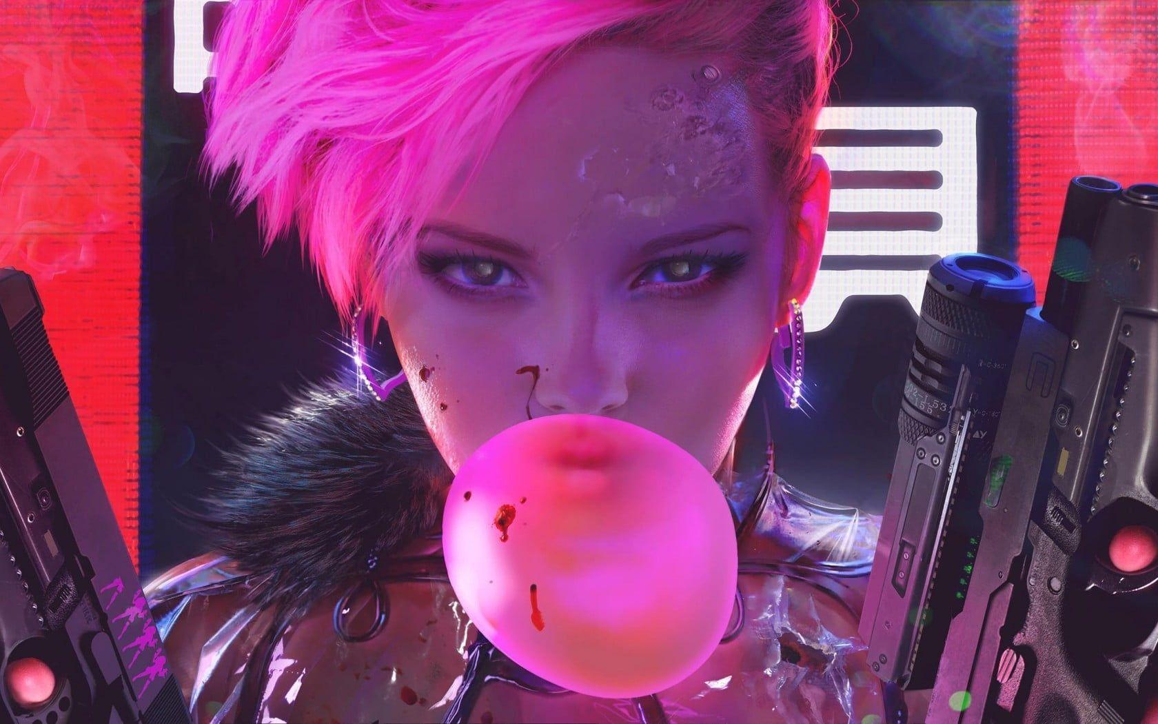 Female character with pistols wallpaper, cyberpunk, futuristic