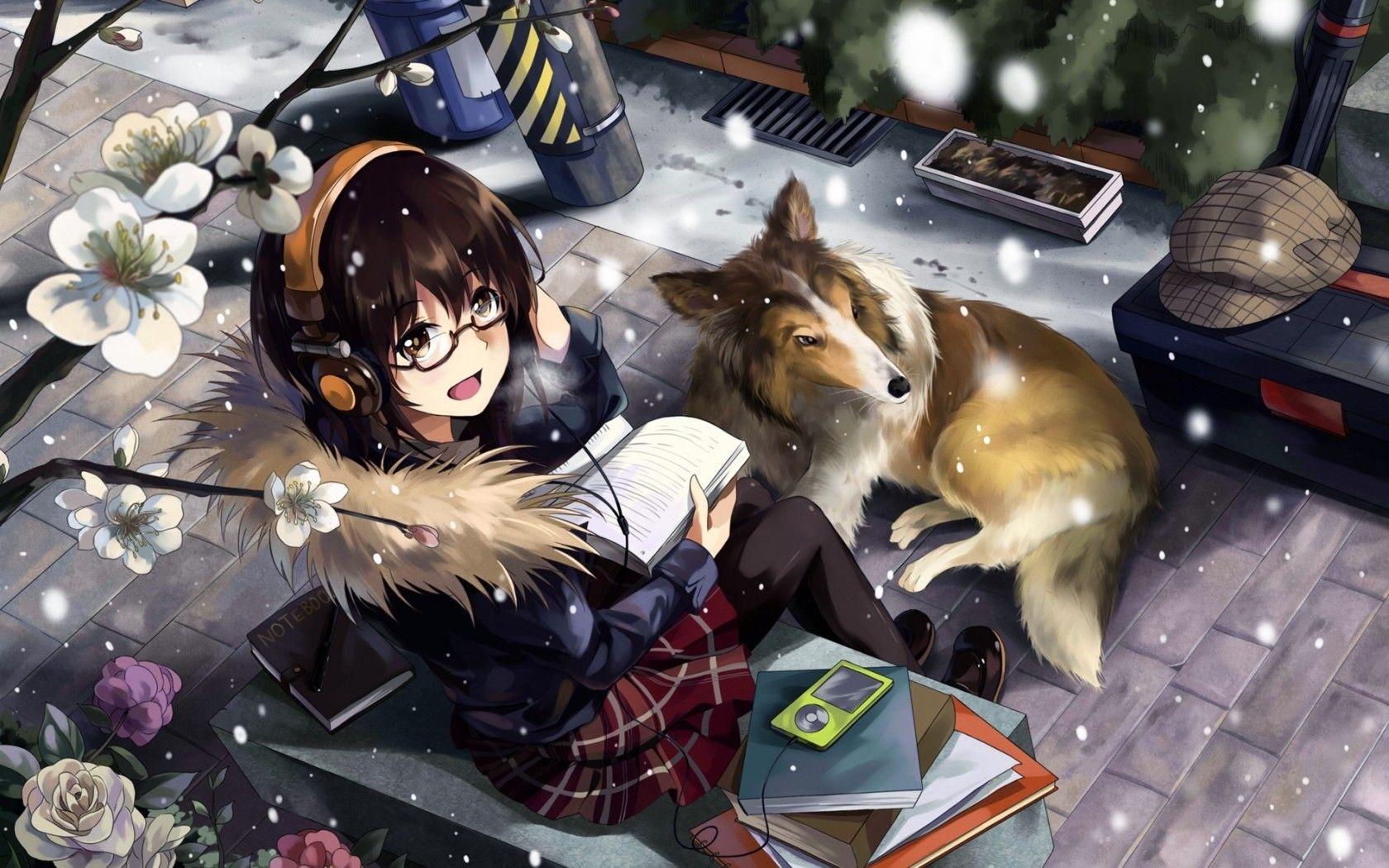 Download 1680x1050 Anime Girl, Dog, Snow, Meganekko, White Flowers