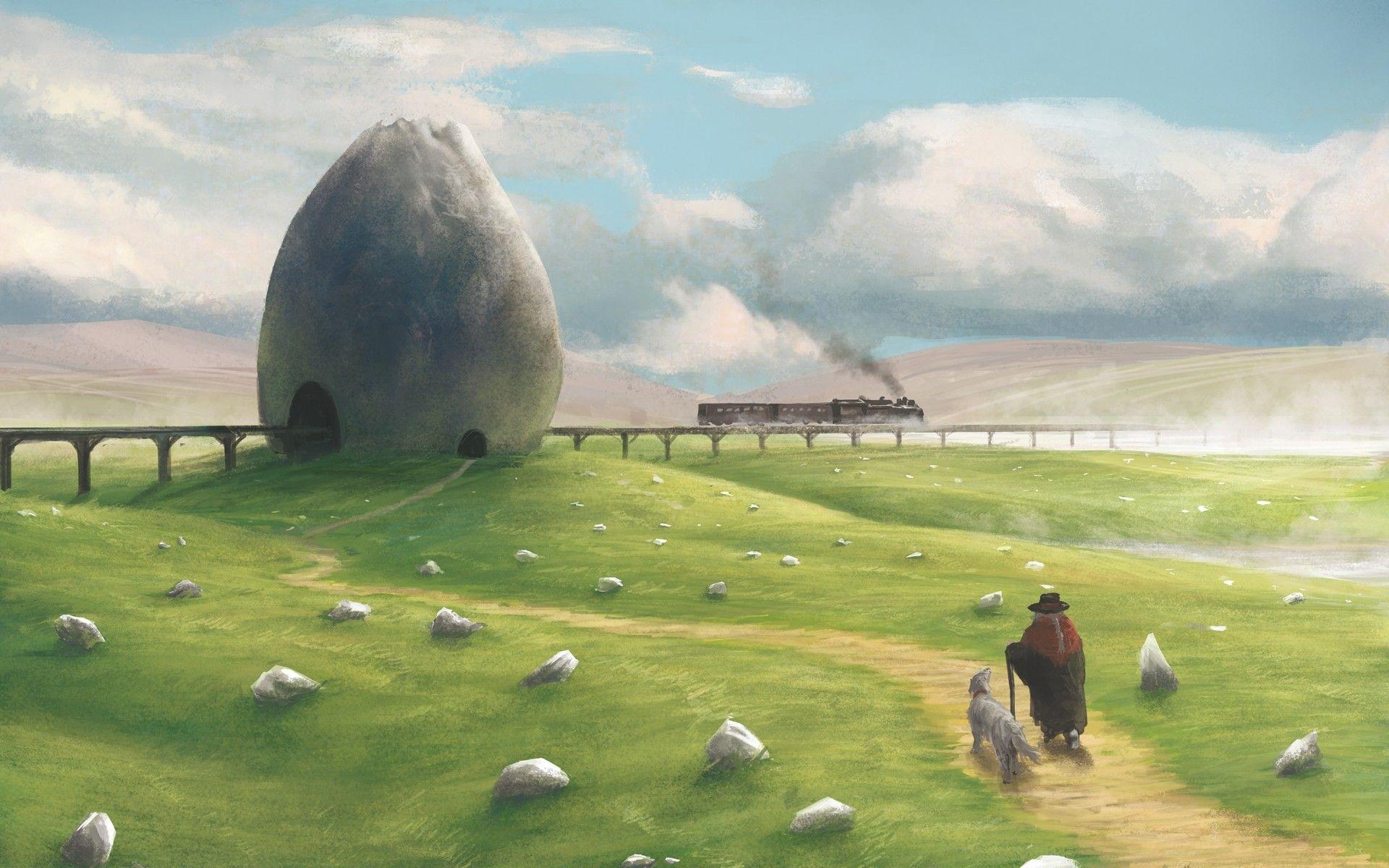 Download 1920x1200 Anime Landscape, Old Women, Dog, Field, Bridge