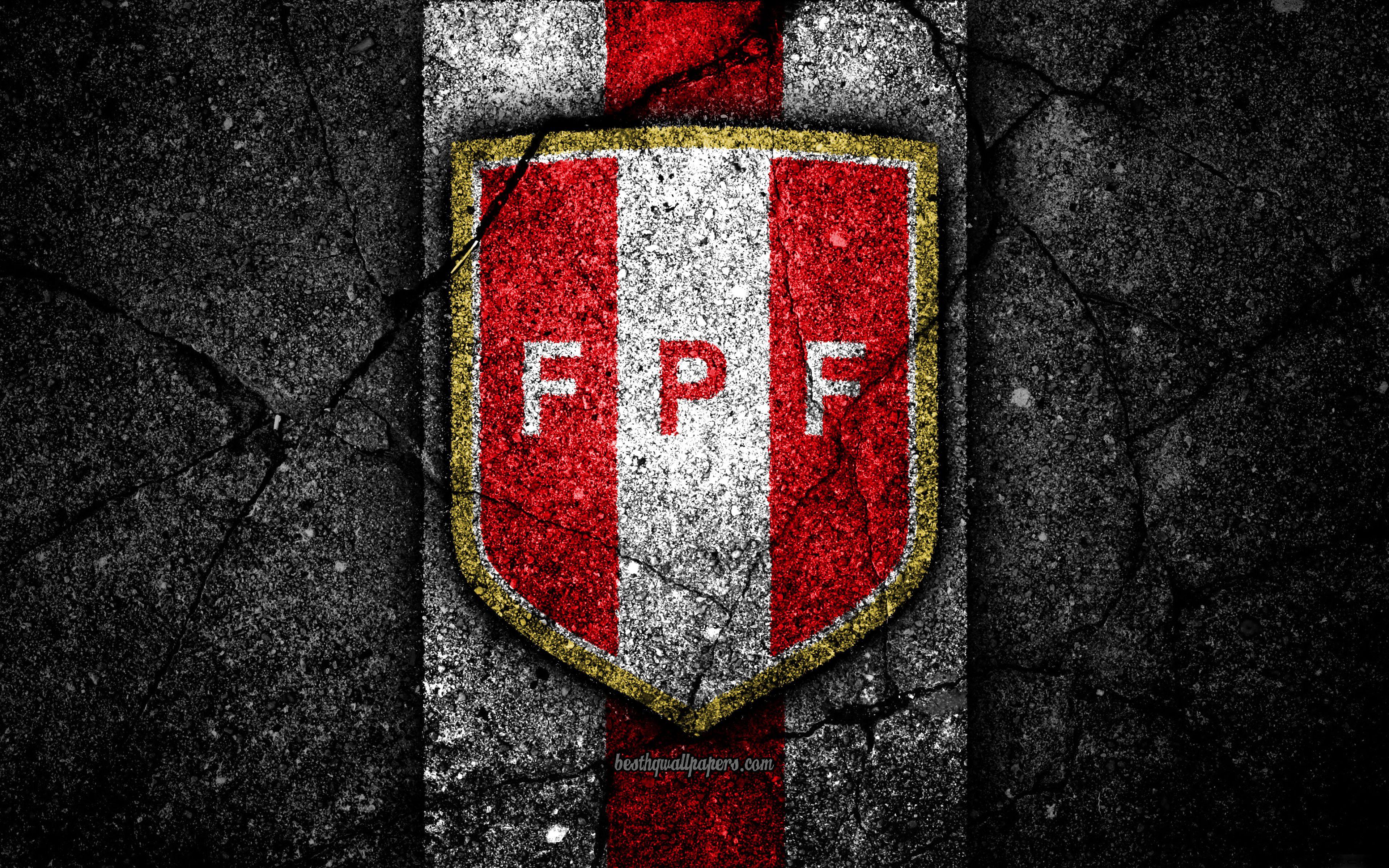 Download wallpaper Peruvian football team, 4k, emblem, grunge, North America, asphalt texture, soccer, Peru, logo, South American national teams, black stone, Peru national football team for desktop with resolution 3840x2400. High Quality