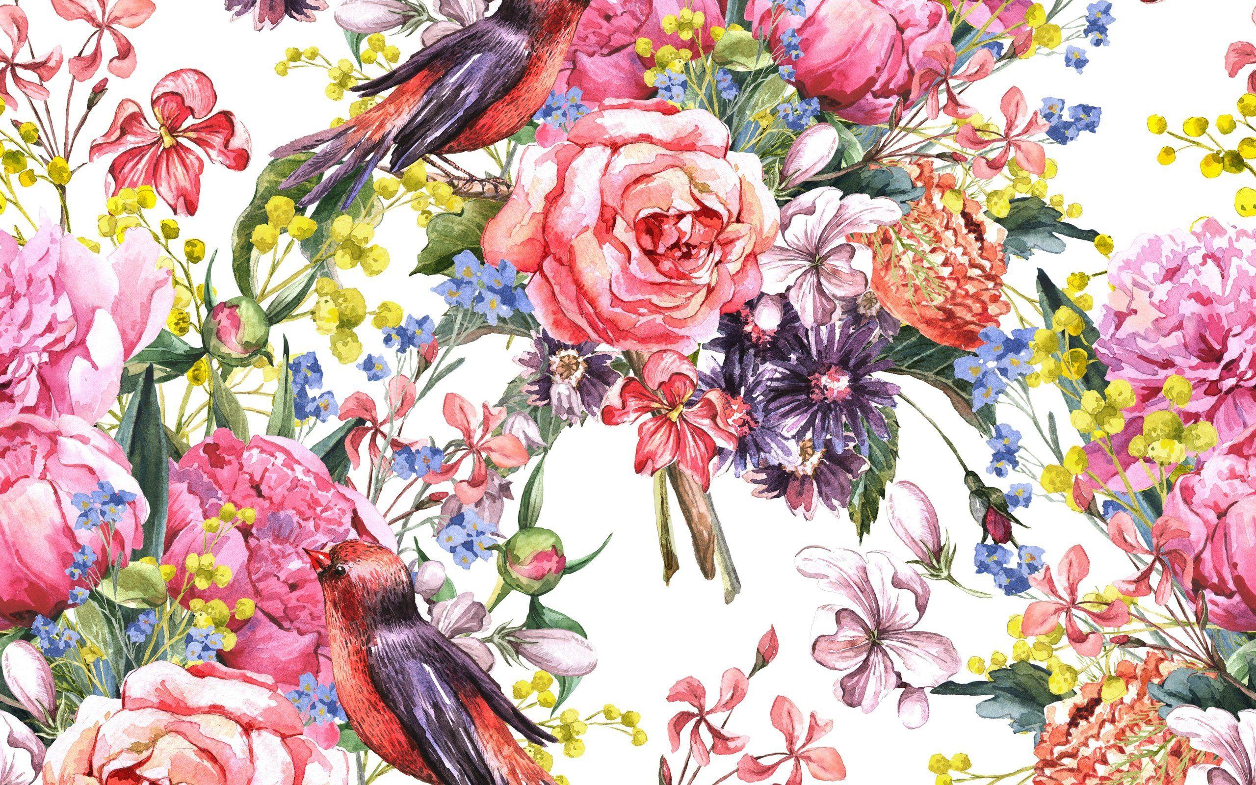 Painting watercolor flowers birds wallpaperx1600