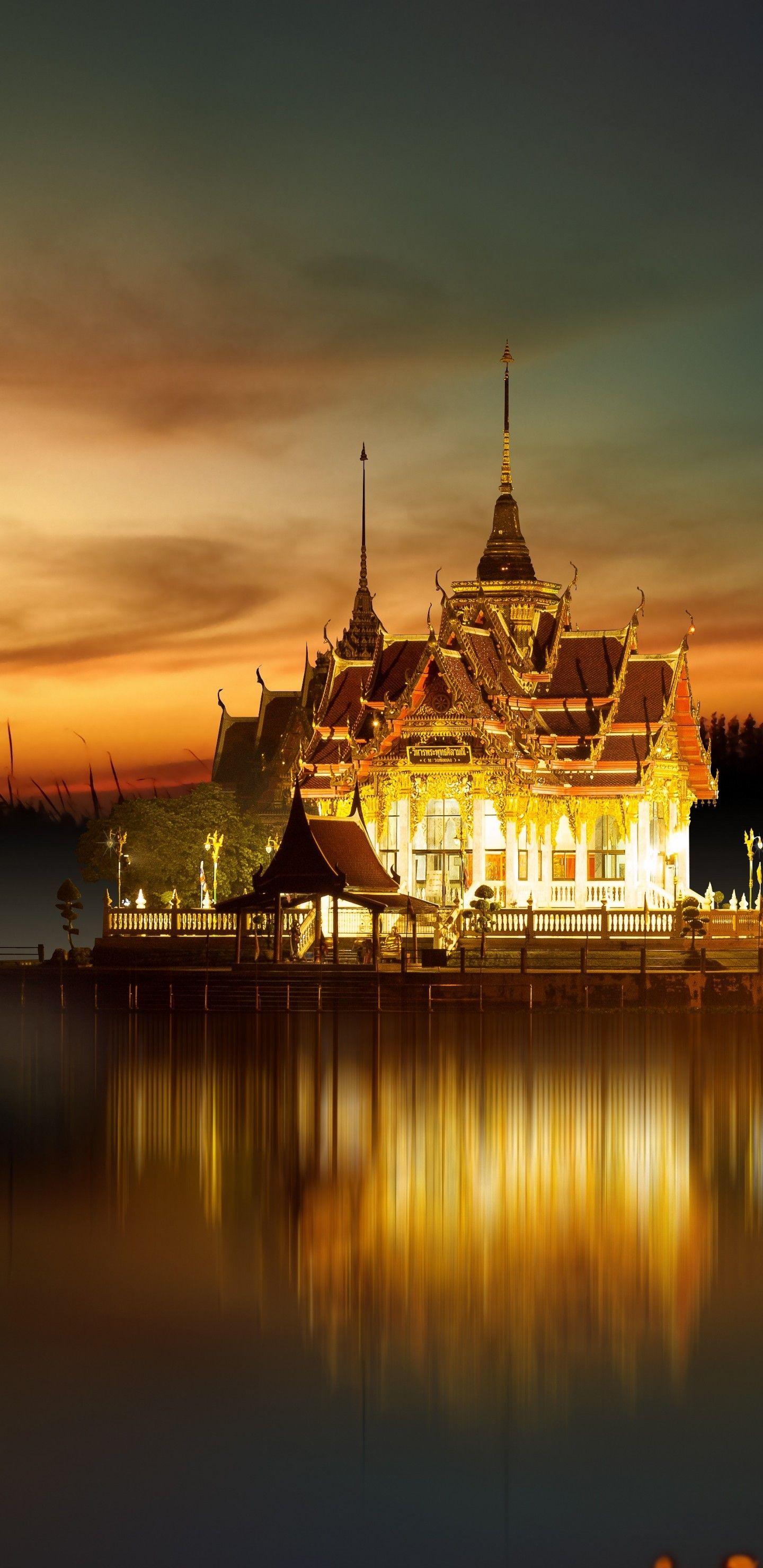 Download 1440x2960 Buddhism Temple, Sunset Wallpaper for Samsung