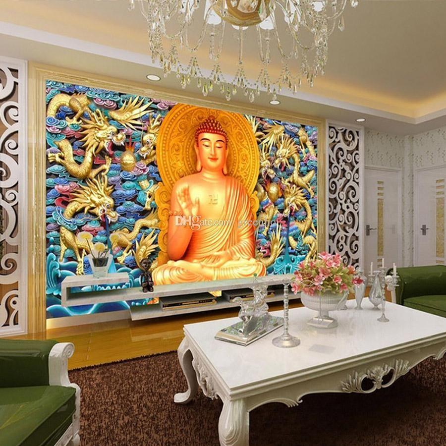 Golden Buddha Wallpaper Gold Embossed Dragon Wall Mural 3D Wallpaper