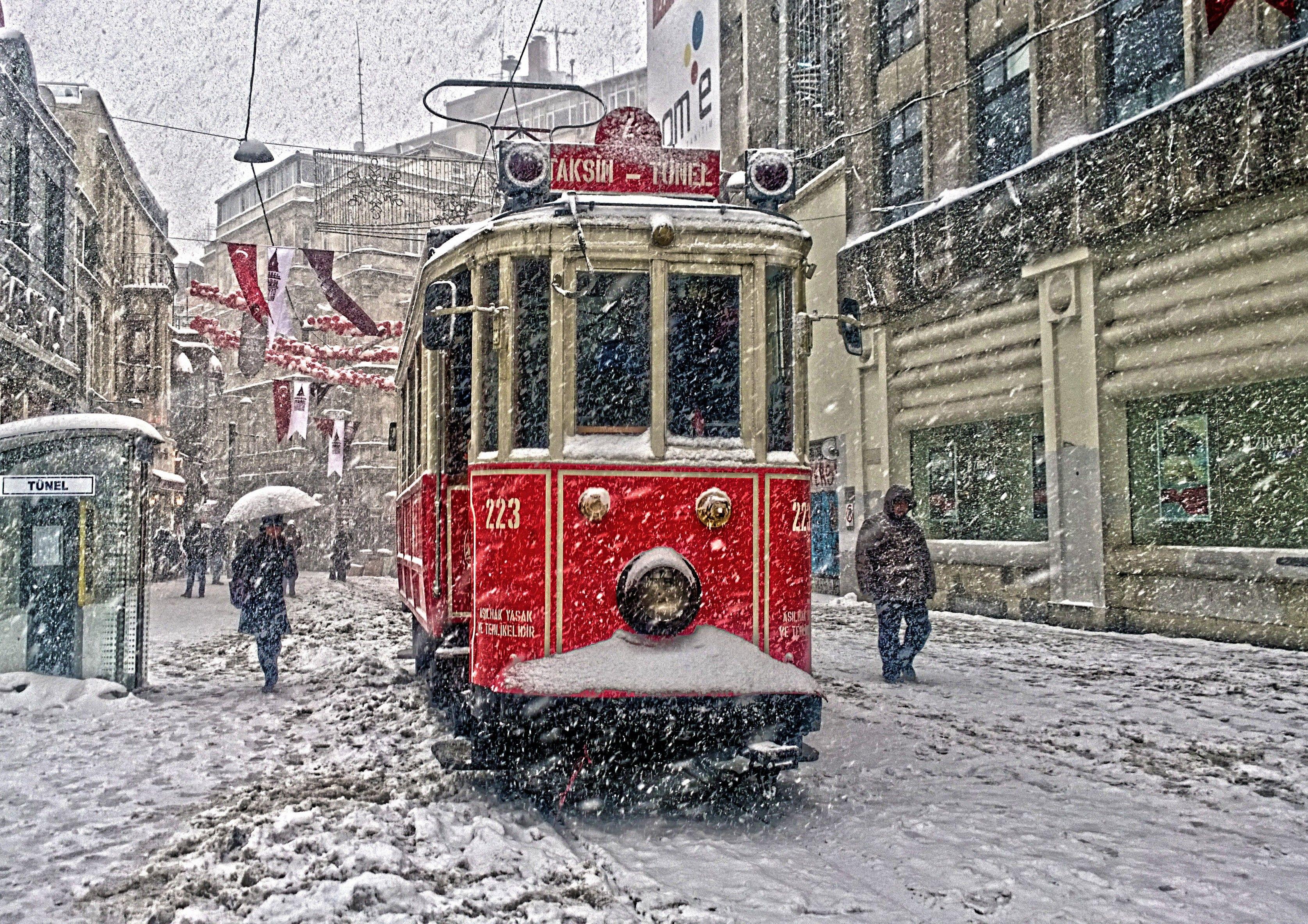 Download 3351x2368 Turkey Istanbul Taksim, Snow, Winter, Tram