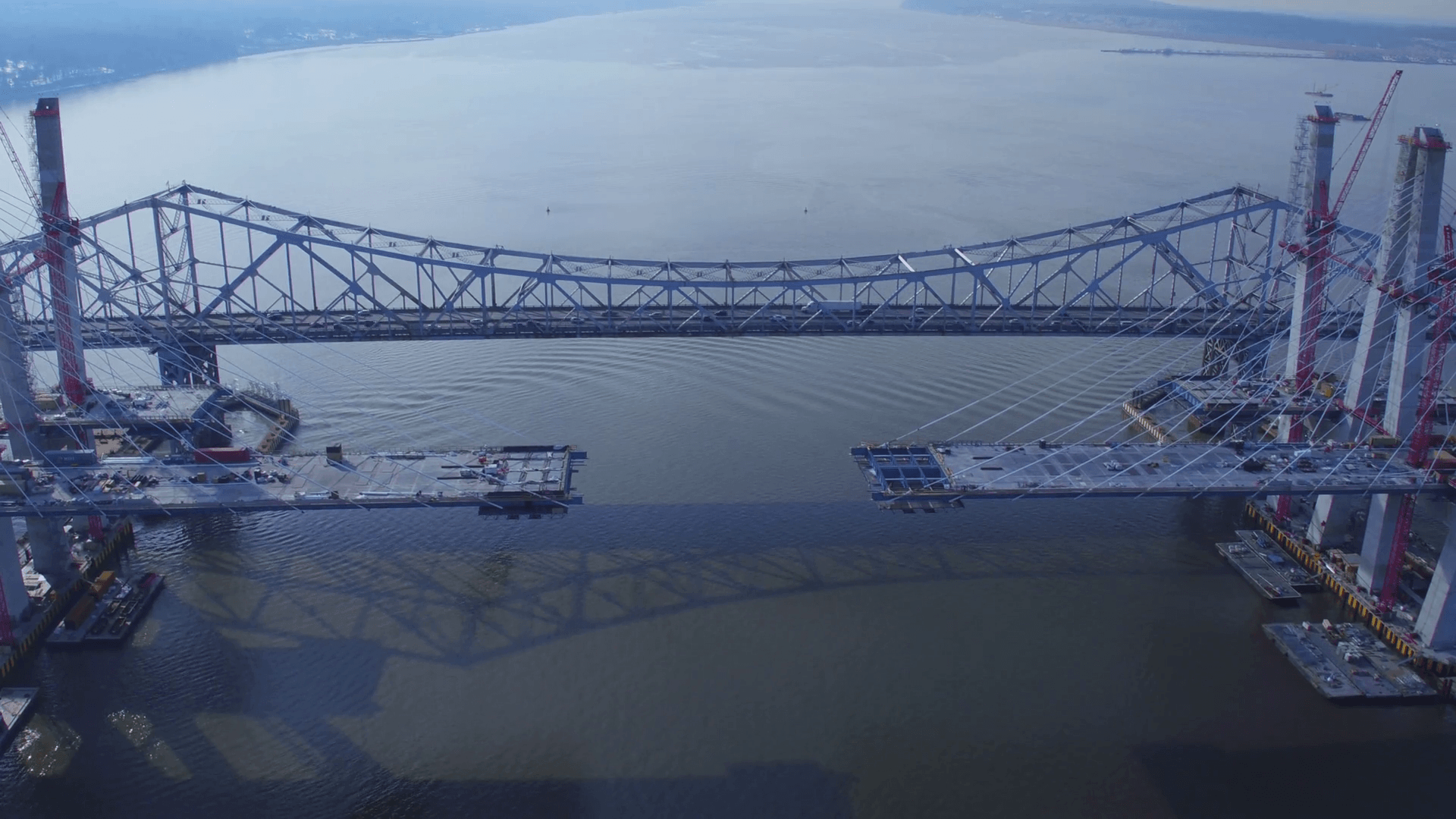 Establishing aerial, Tappan Zee Bridge construction Stock Video