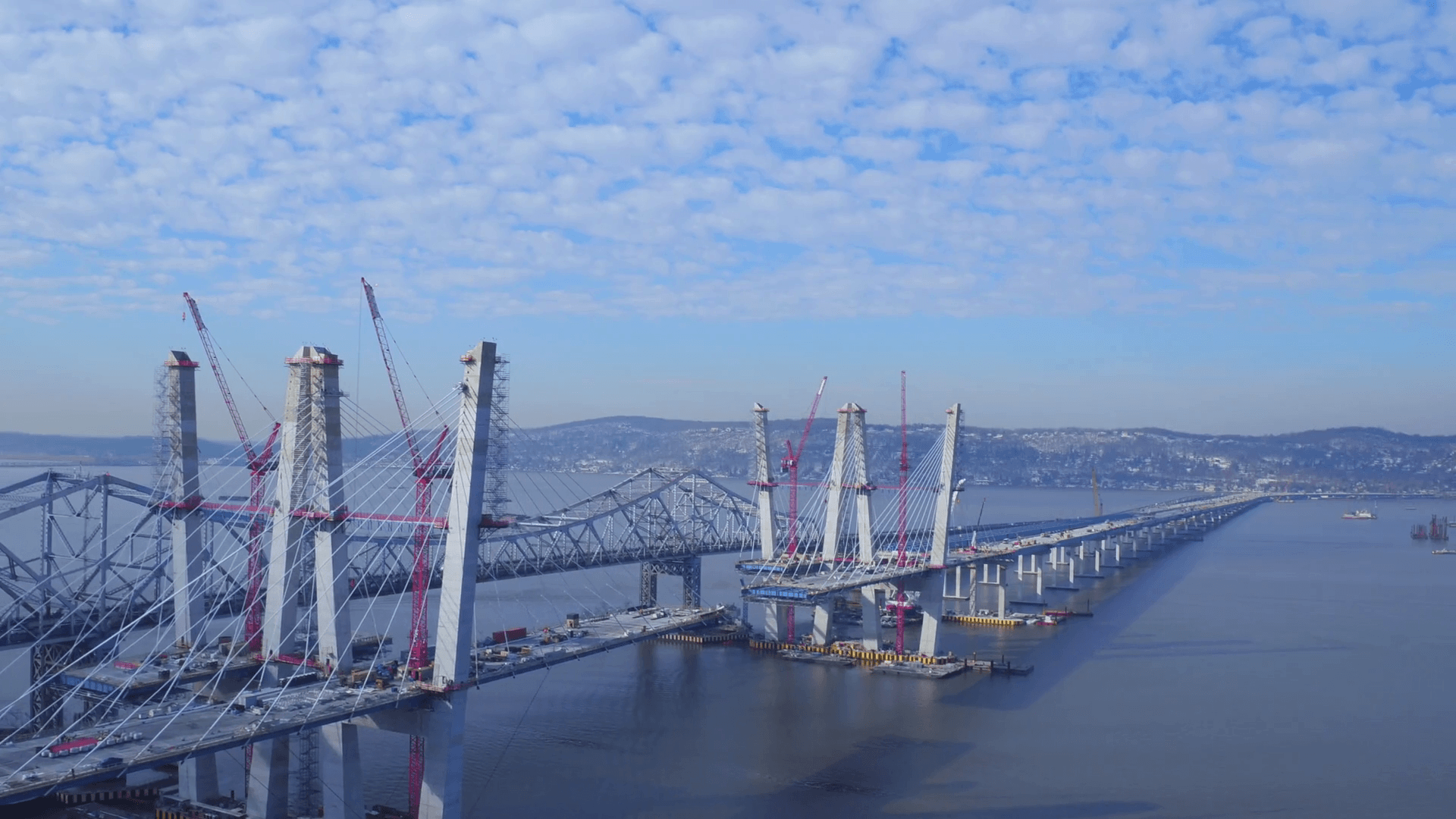 Construction by Tappan Zee Bridge, aerial Stock Video Footage