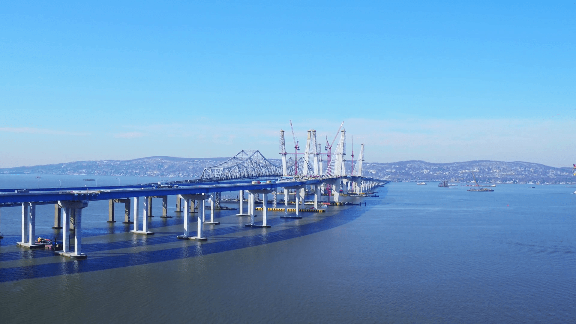 Flyover Tappen Zee Bridge under Construction, aerial Stock Video
