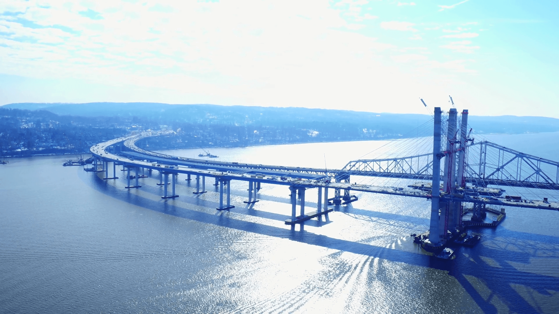 Aerial, Tappan Zee Bridge under construction in New York Stock Video