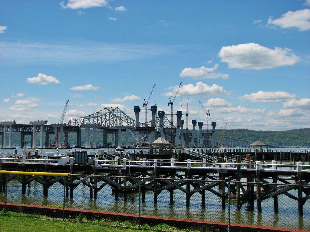 TAPPAN ZEE BRIDGE NEW AND OLD IN APRIL 2016. A forest of pi