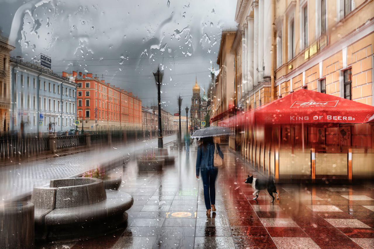 Wallpaper St. Petersburg Russia Girls Rain Drops Street parasol