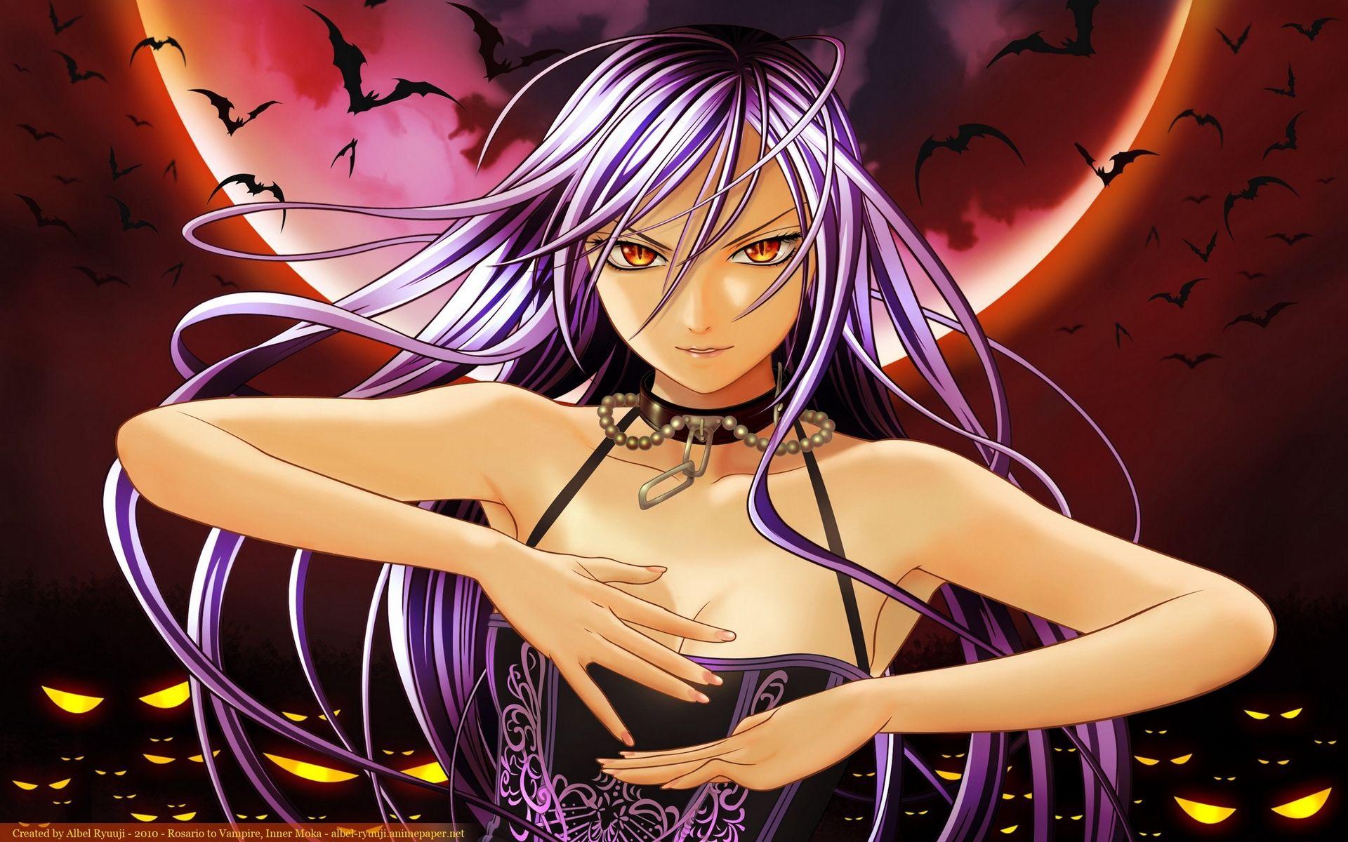 Download wallpaper 1920x1200 rosario vampire, girl, bat, moon