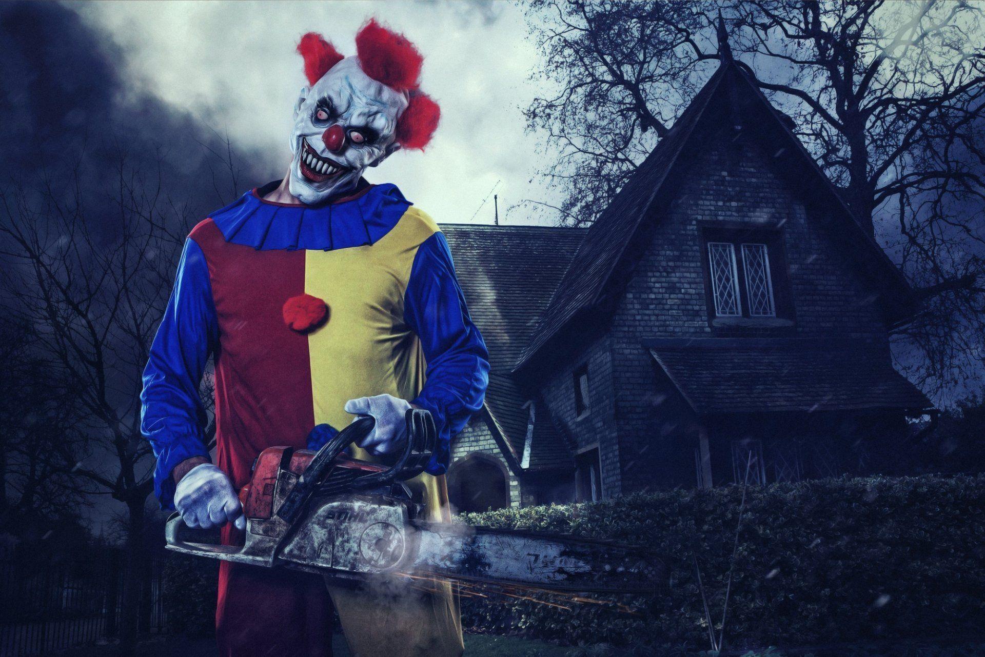 halloween killerclown halloween clown stihl chainsaw house mask HD