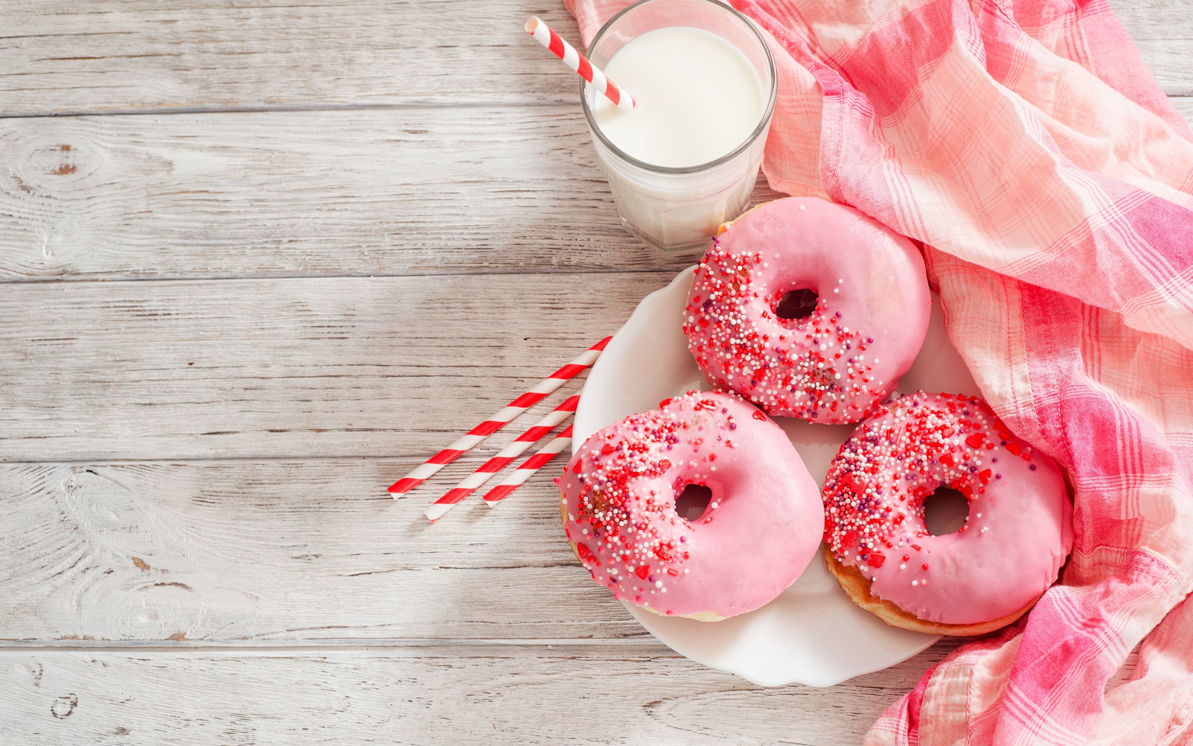 Image Milk Doughnut Pink color Icing sugar Food 3840x2400