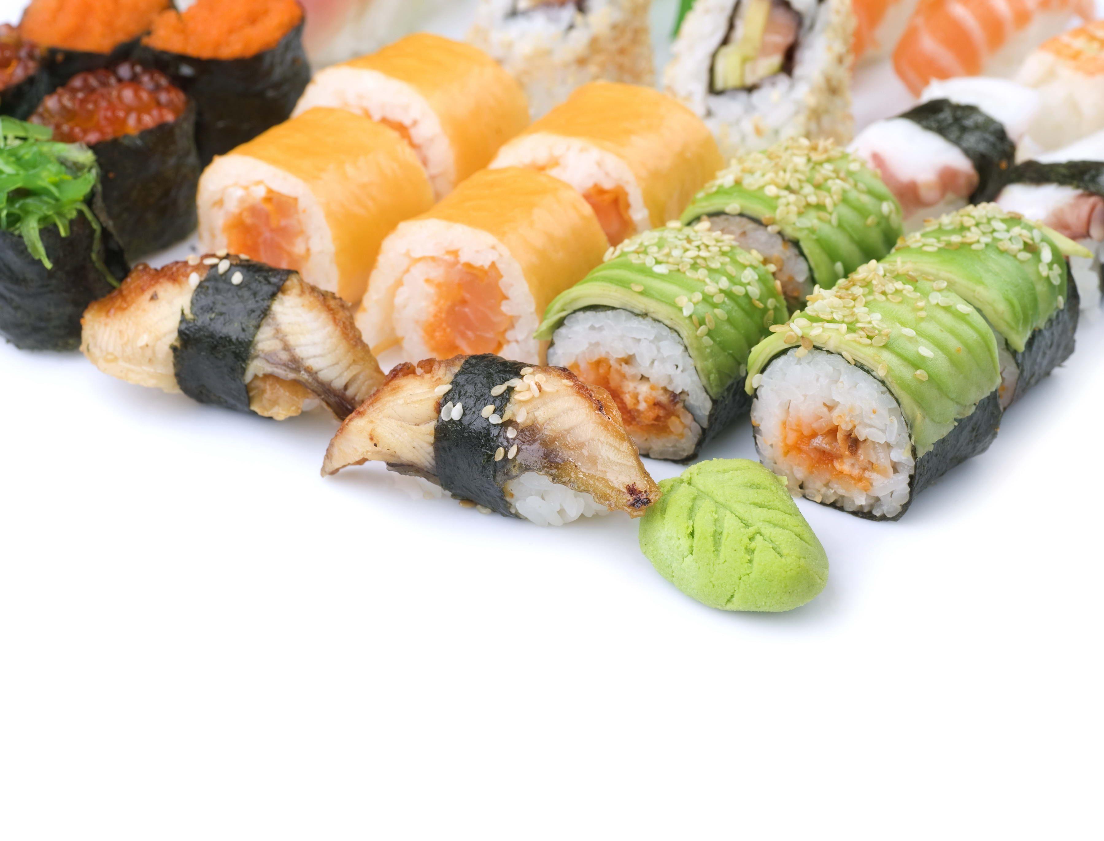 Download wallpaper 3598x2741 sushi, white rice, caviar, seafood HD