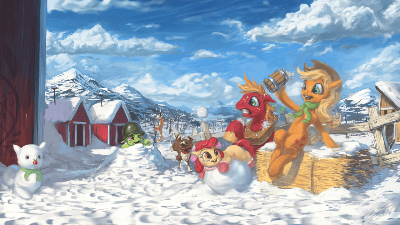 apple bloom, applejack, artist:assasinmonkey, barn, big