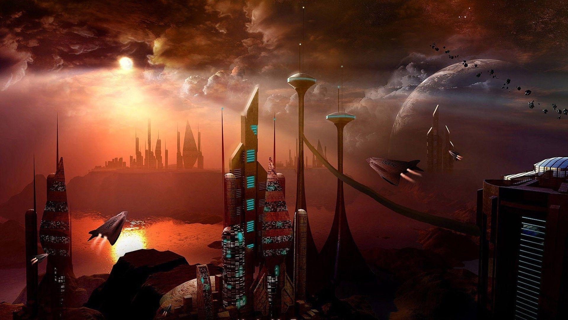 digital Art, Fantasy Art, Painting, City, Cityscape, Futuristic, Science Fiction, Building, Tower, Sun, Planet, Clouds, Meteors, Spaceship, Flying, Sunlight Wallpaper HD / Desktop and Mobile Background