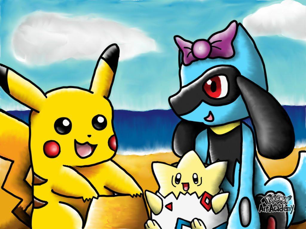 Pikachu, Togepi and Riolu together on a beach