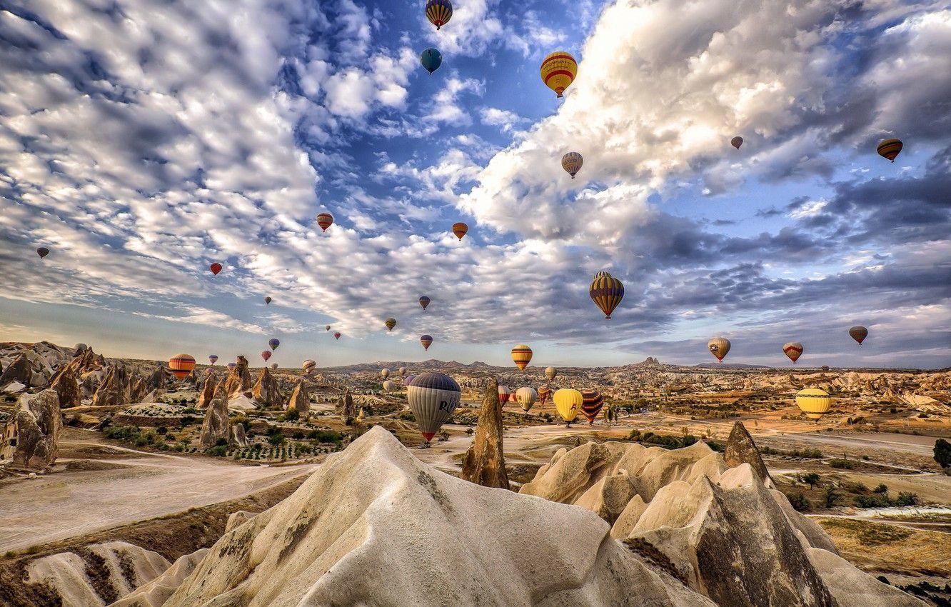 Wallpaper the sky, clouds, mountains, balloon, rocks, Turkey