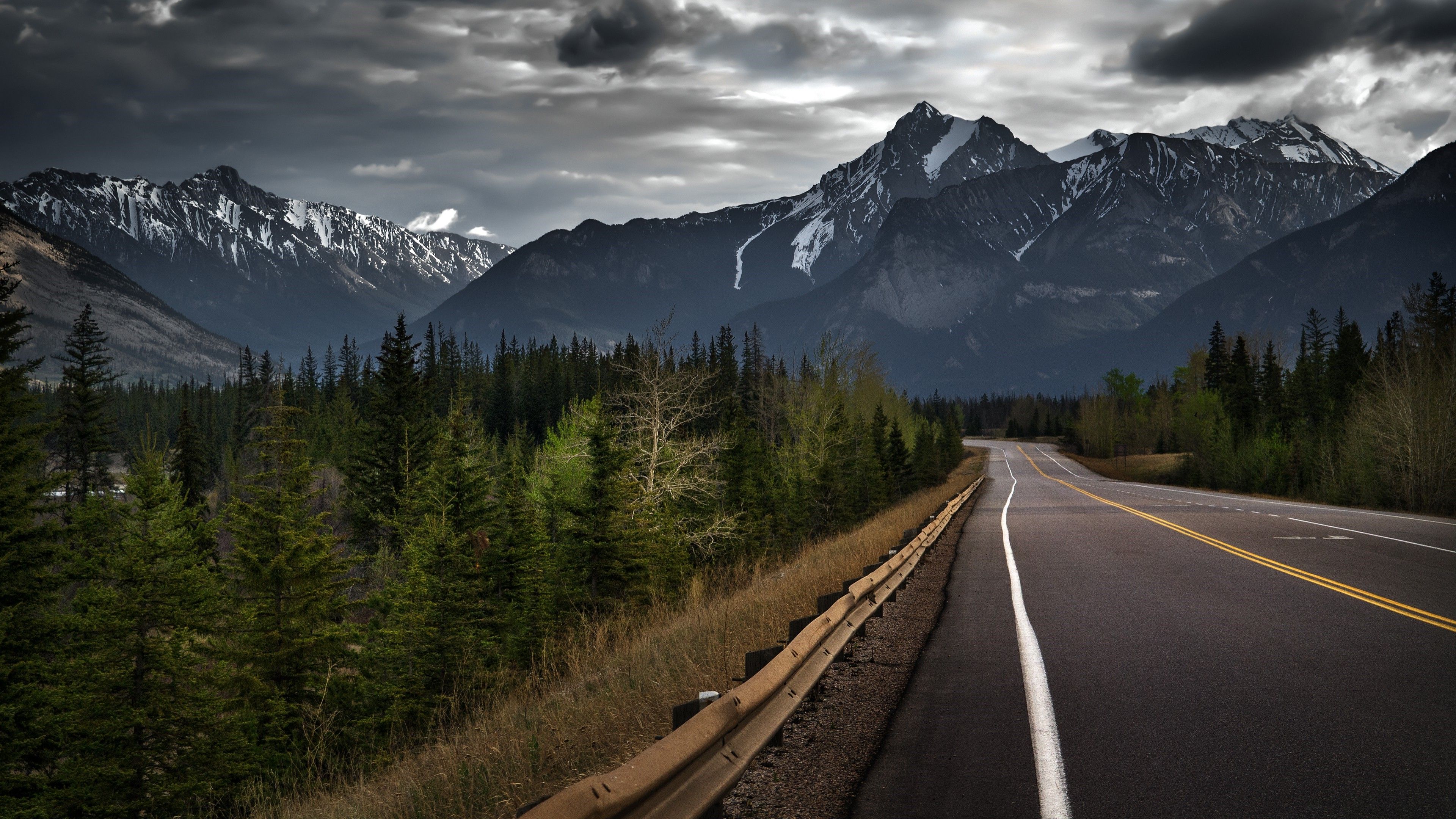 landscape clouds rock mountain forest storm road wallpaper