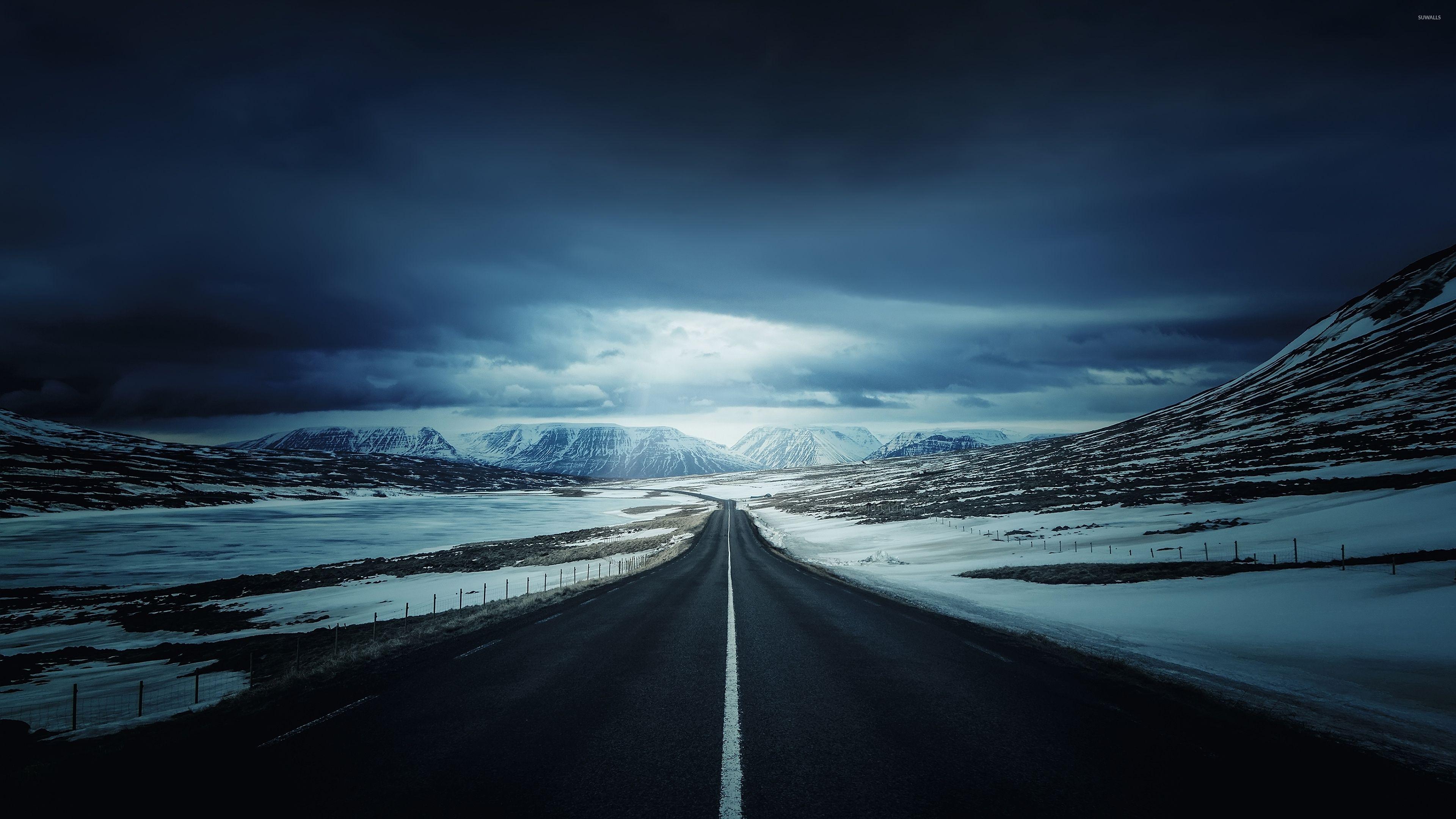 Road towards the snowy mountains wallpaper wallpaper