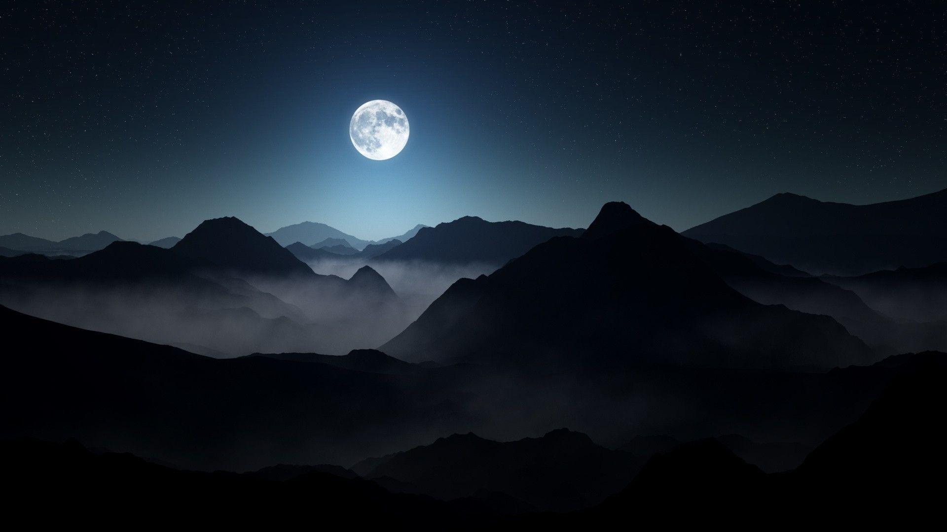 Download 1920x1080 Moon, Night, Mountains, Mist, Stars Wallpaper