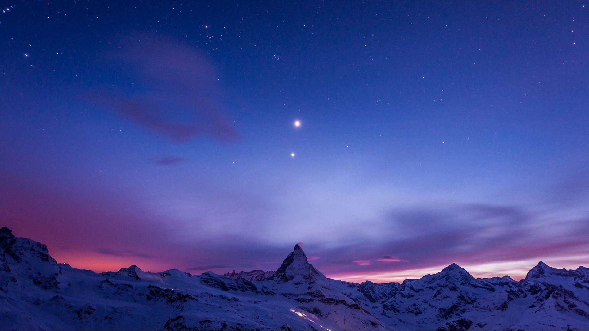 Download wallpaper 1920x1080 night, mountains, snow, sky, stars full