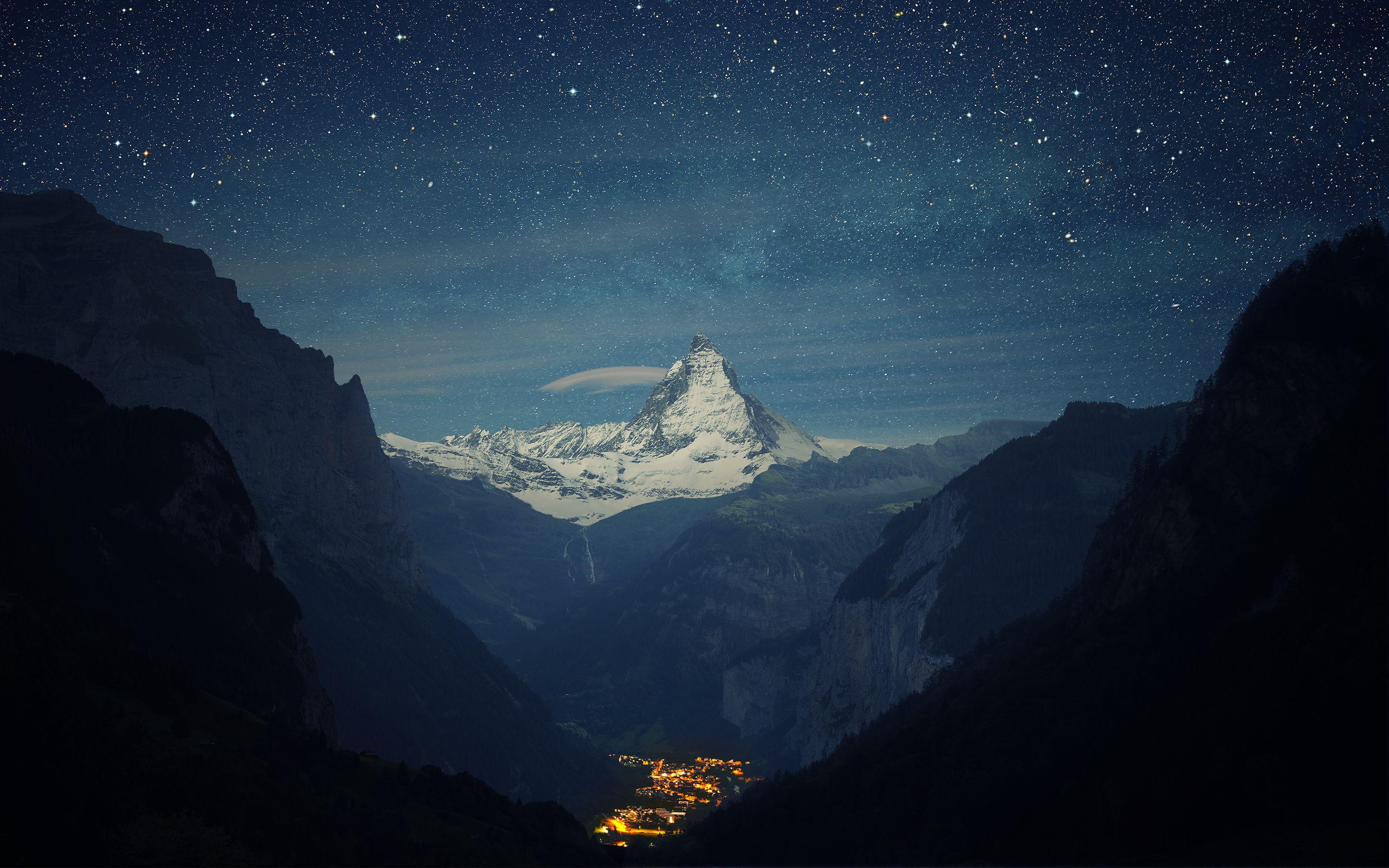 Matterhorn Mountain Night Stars Landscape Town Valley wallpaper