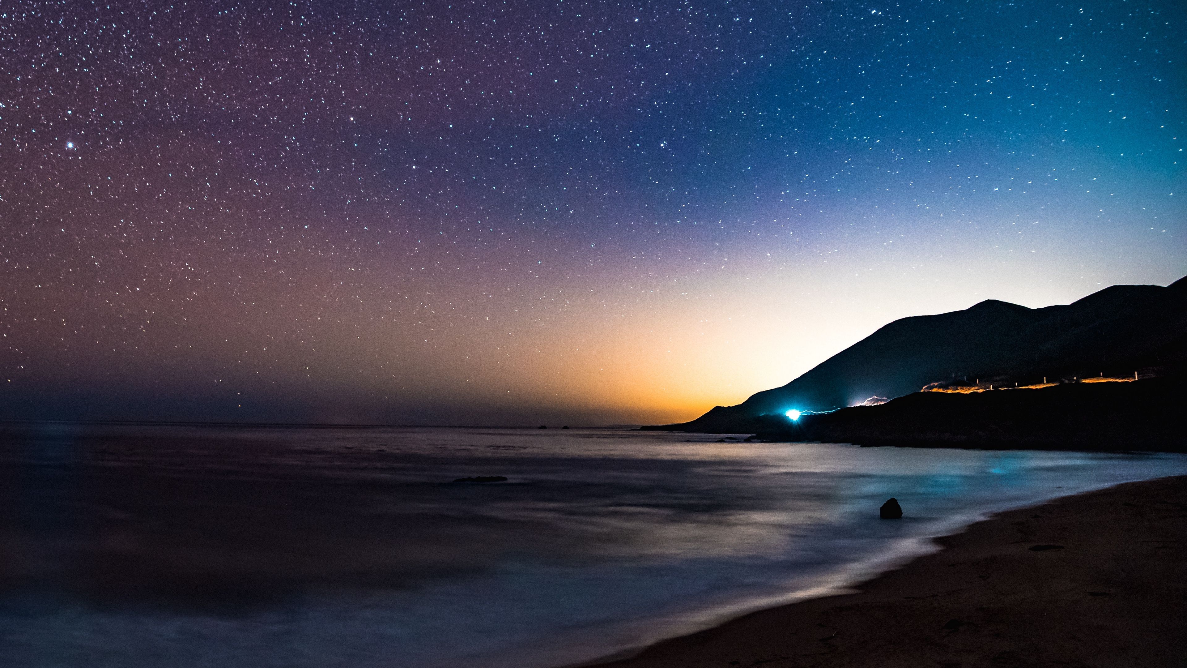 Download wallpaper 3840x2160 starry sky, mountains, night, sea