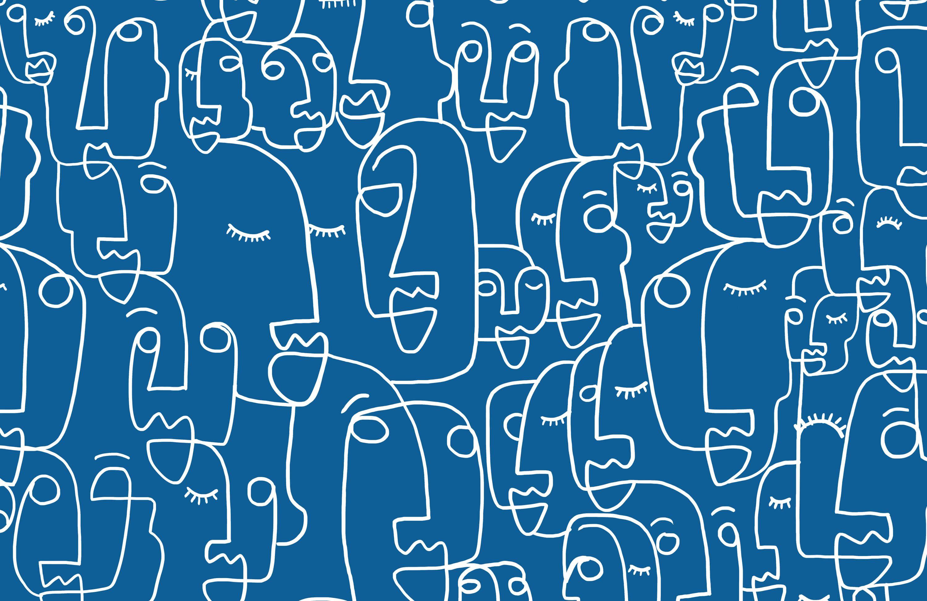 Large Blue Face Line Drawing Wallpaper Mural