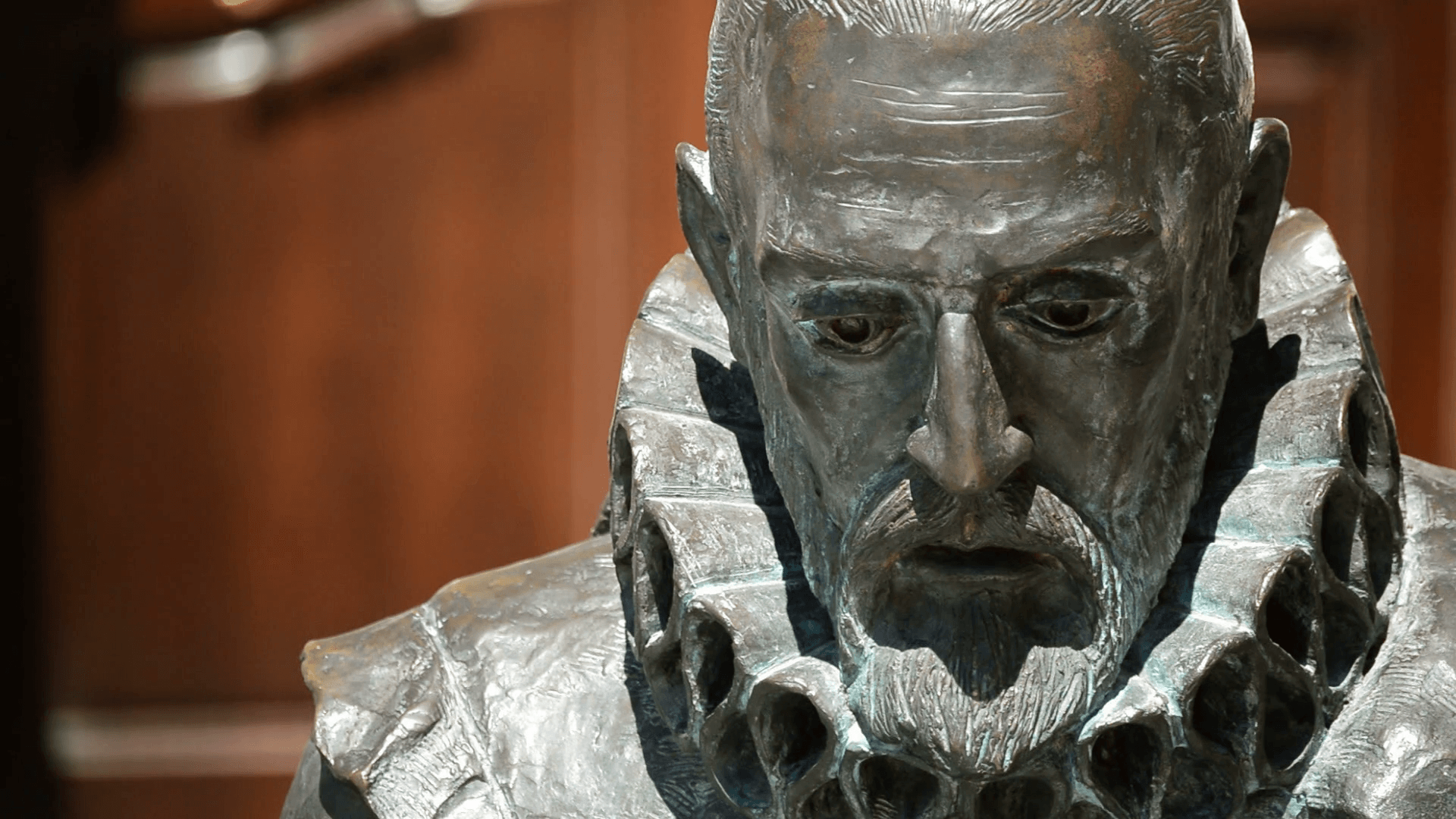 Portrait of writer spanish Miguel de Cervantes in a sculpture