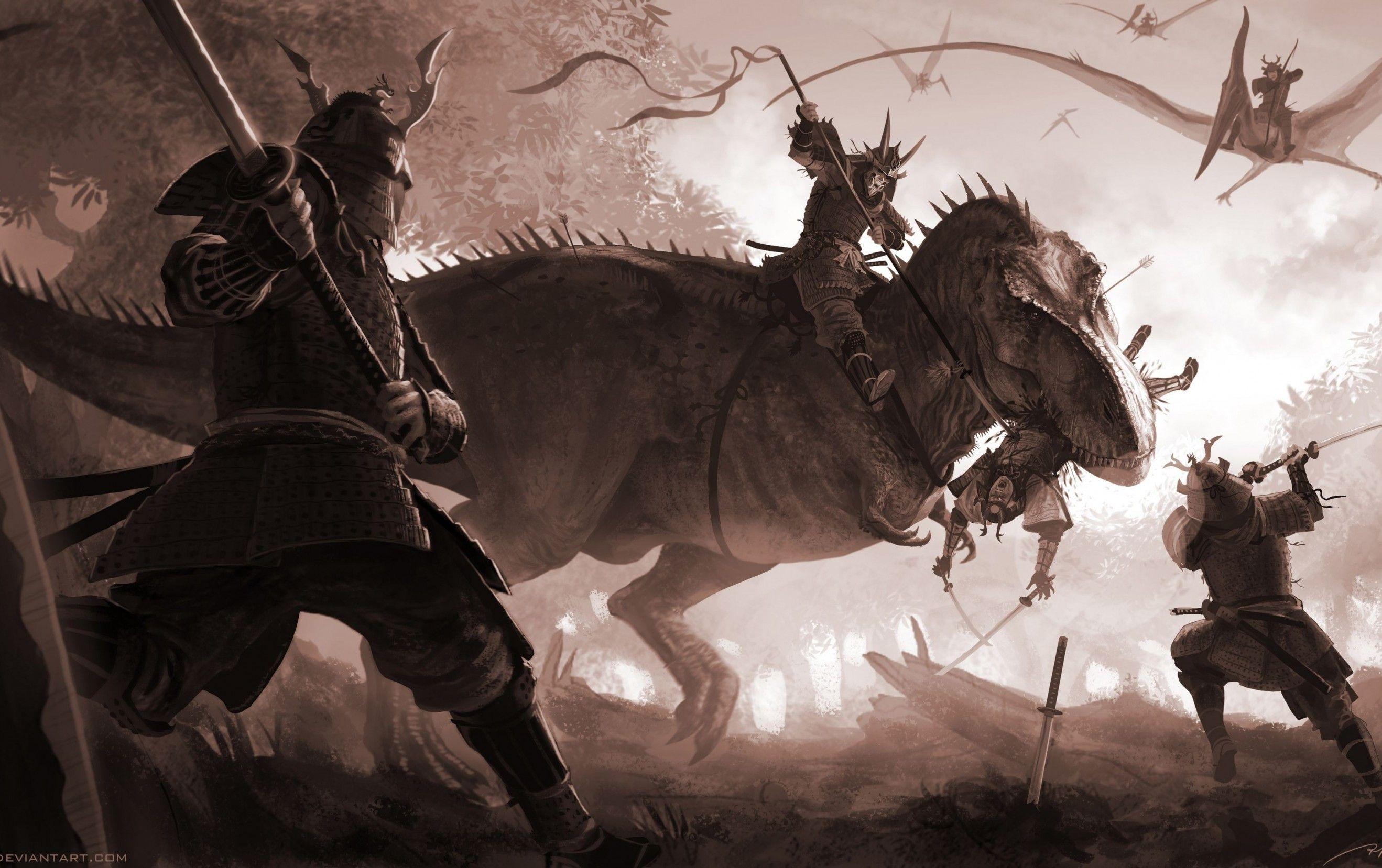 Download 2637x1657 Dinosaurs, Knights, Battle Wallpaper