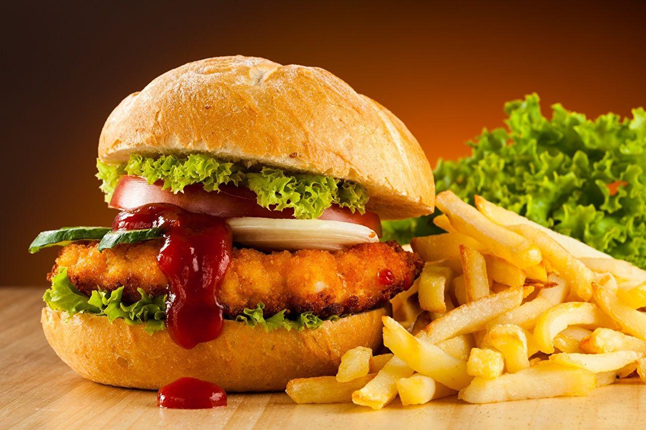 Photos Hamburger finger chips Ketchup Fast food Food