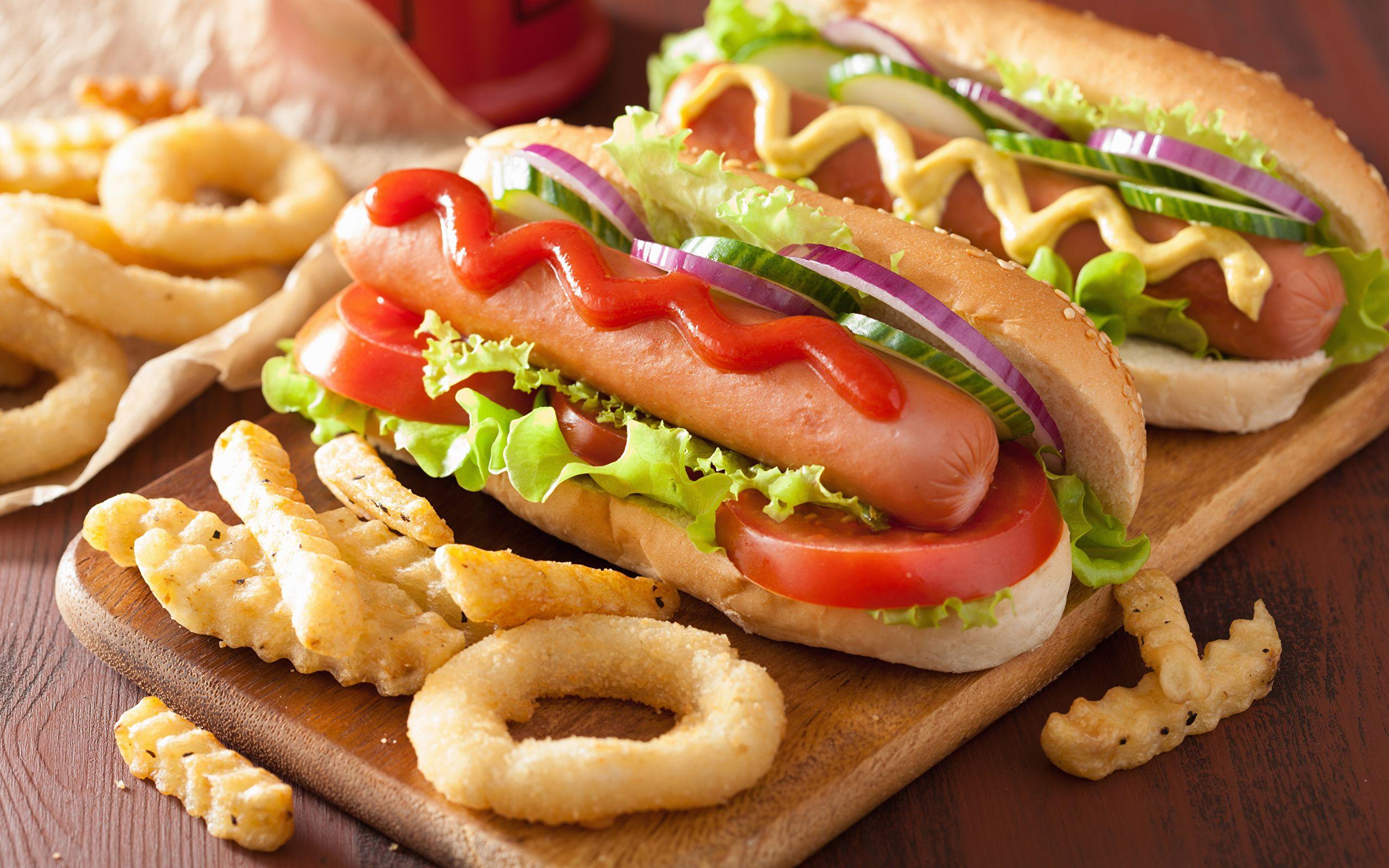 Wallpaper Hot dog finger chips Buns Ketchup Fast food 2560x1600