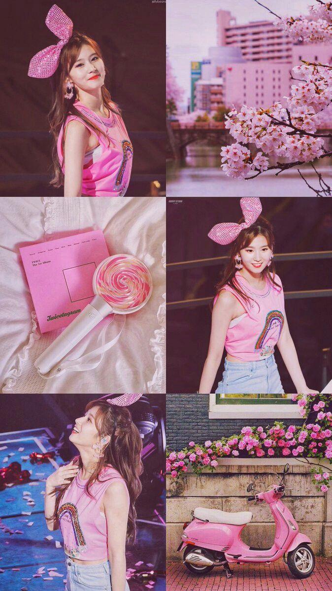 Twice Aesthetic Collage Sana Pink wallpaper lockscreen HD