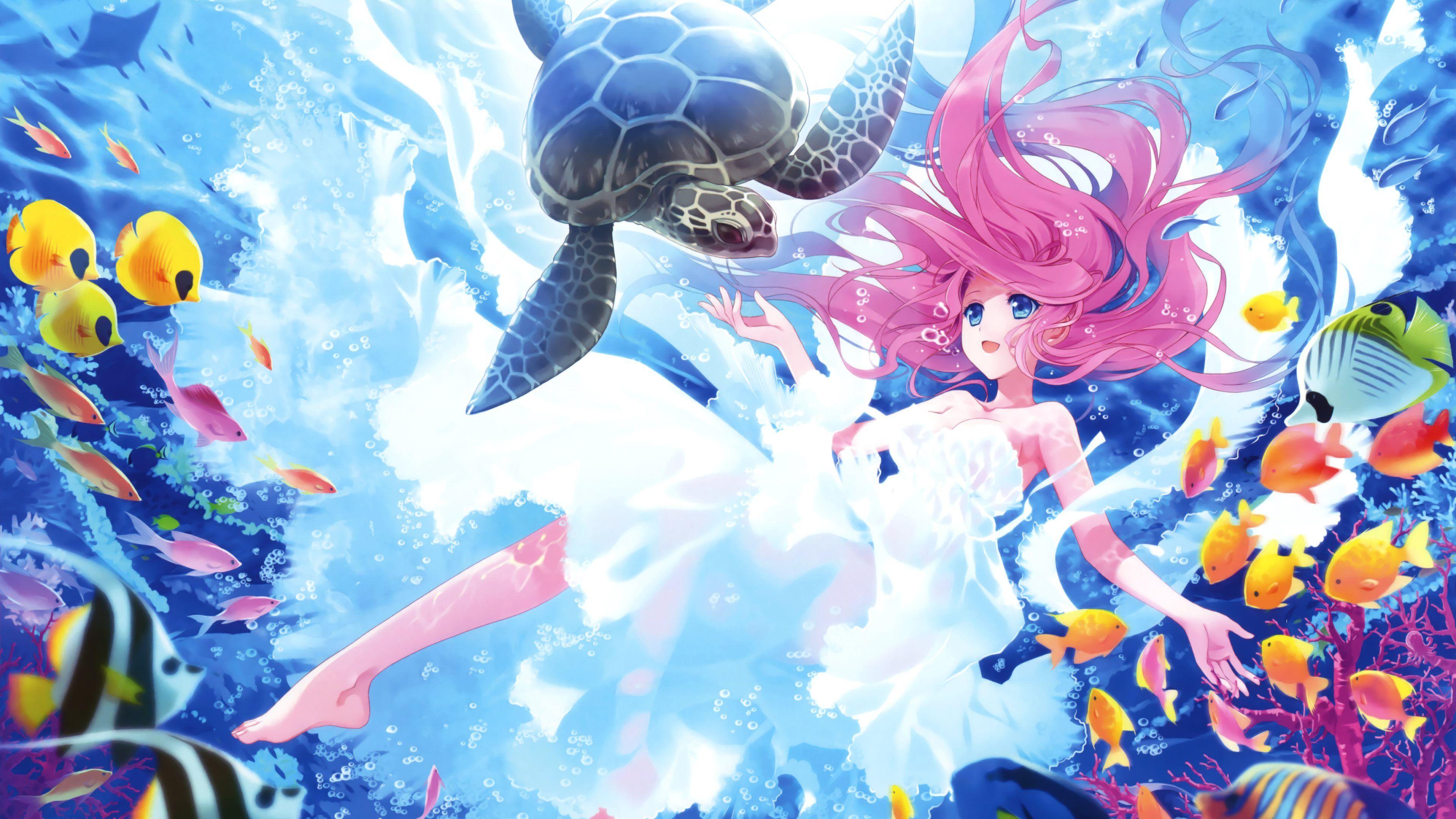 Download wallpaper Kawaii, 4k, underwater, mermaid, turtle, fish