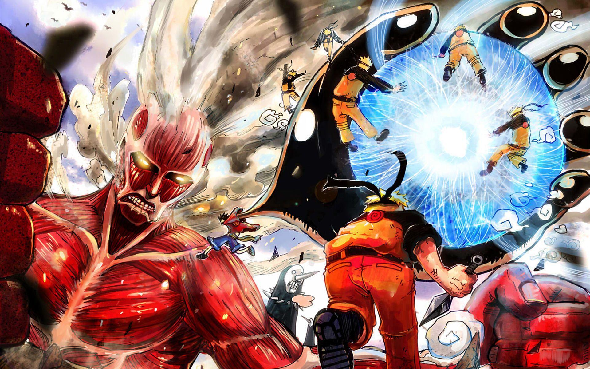 Awesome crossover art: One Piece + Naruto + Shingeki no Kyojin. ONE