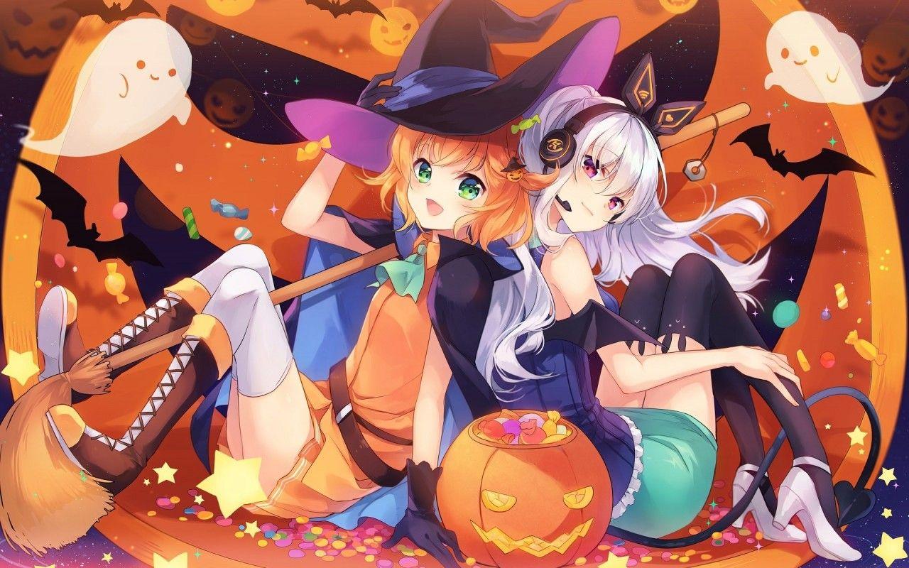 Download 1280x800 Anime Girls, Halloween, Witch Hats, Pumpkins