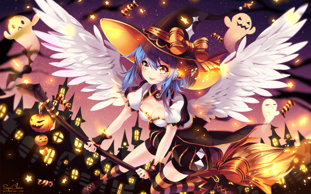 Download 1280x800 Anime Girl, Halloween Witch, Ghosts, Wings