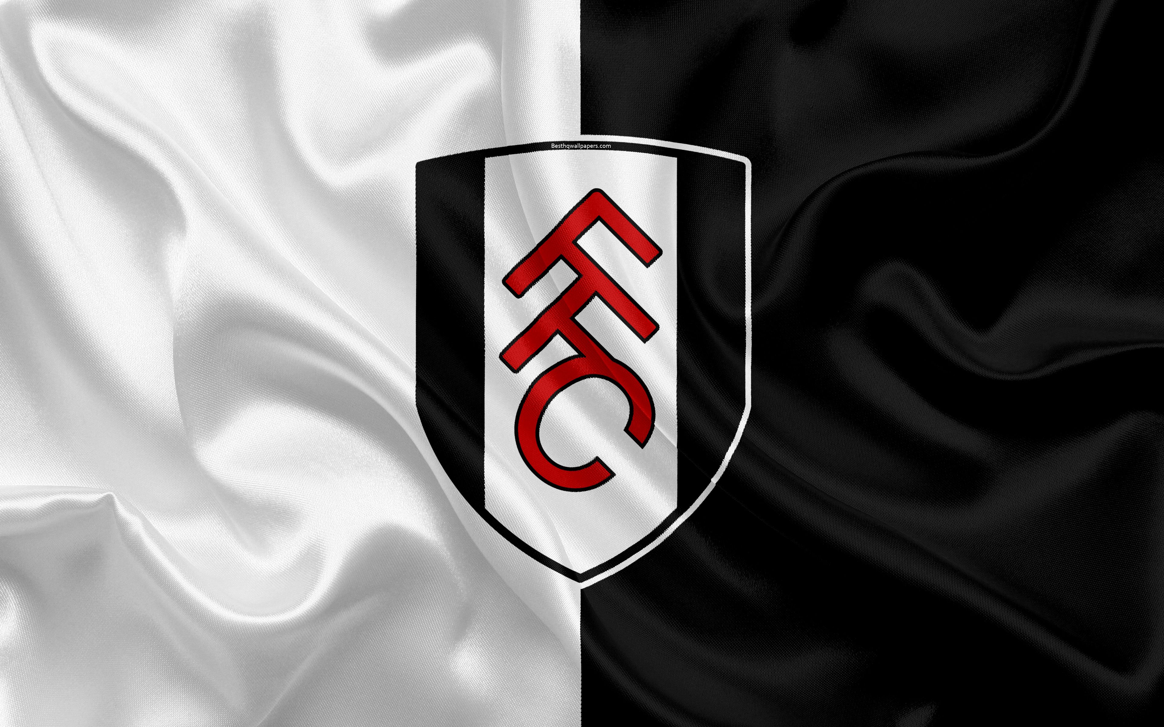 Download wallpaper Fulham FC, silk flag, emblem, logo, 4k, Fulham