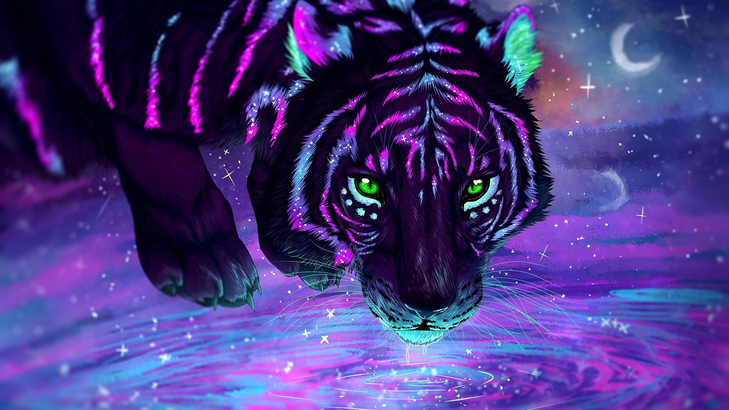 Download 2560x1440 Tiger, Purple, Digital Art, Green Eyes Wallpaper
