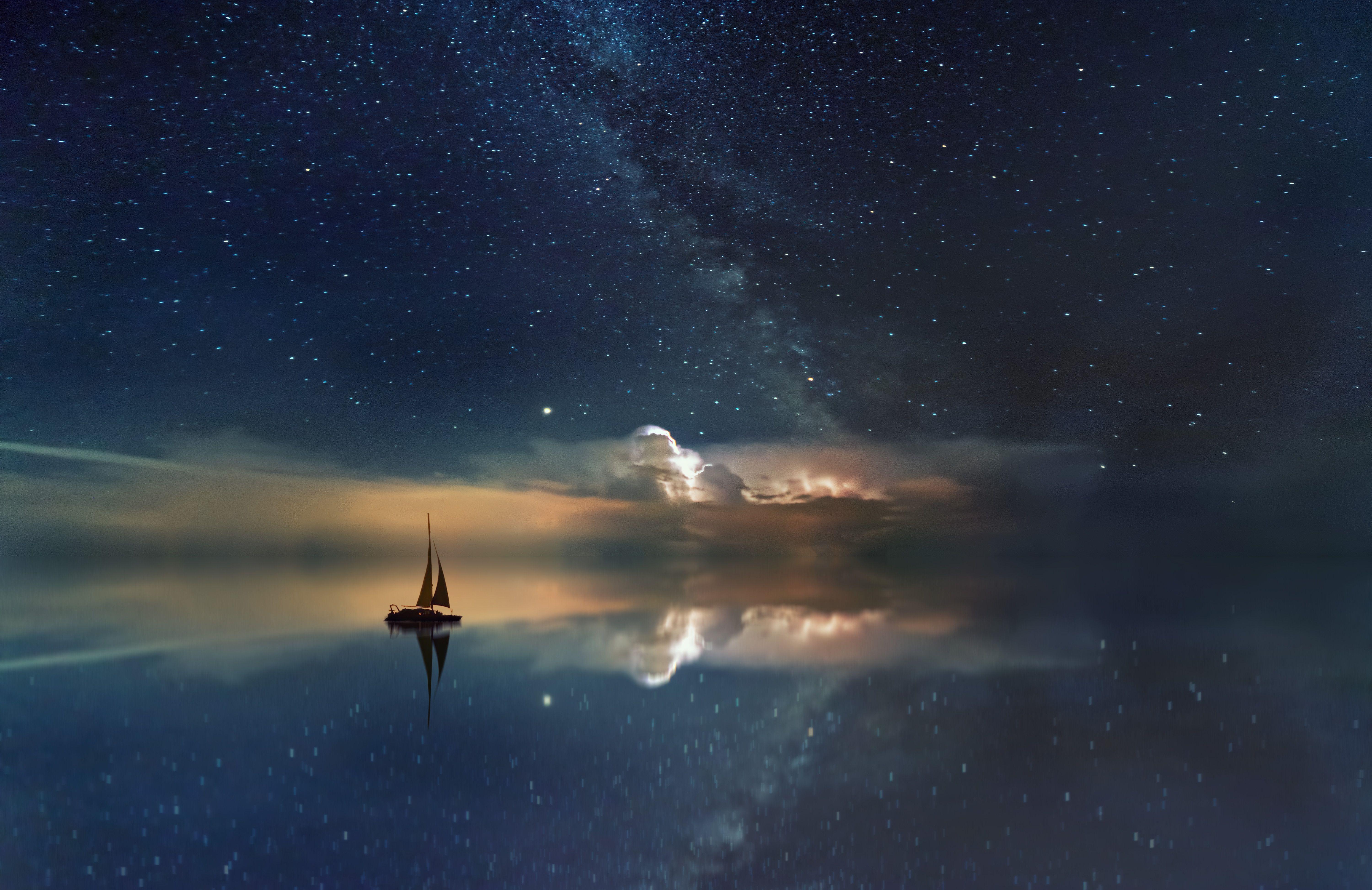 Lake Mirror Reflection Stars Boat Milky Way 5k, HD Photography, 4k