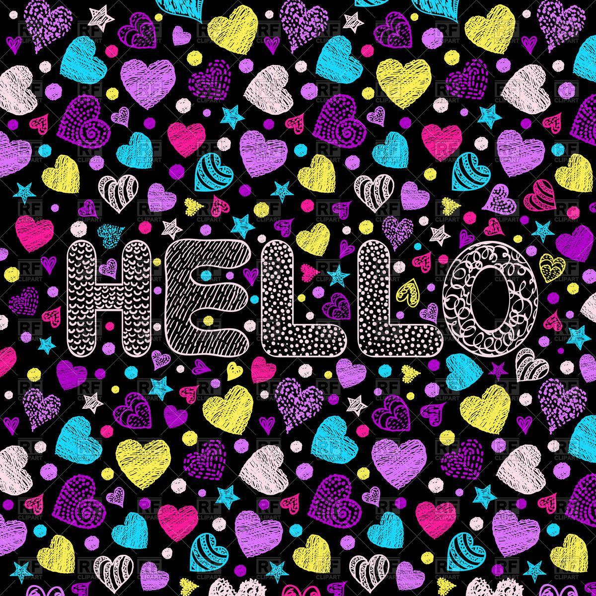 Hand drawn inscription hello with colorful hearts background Vector