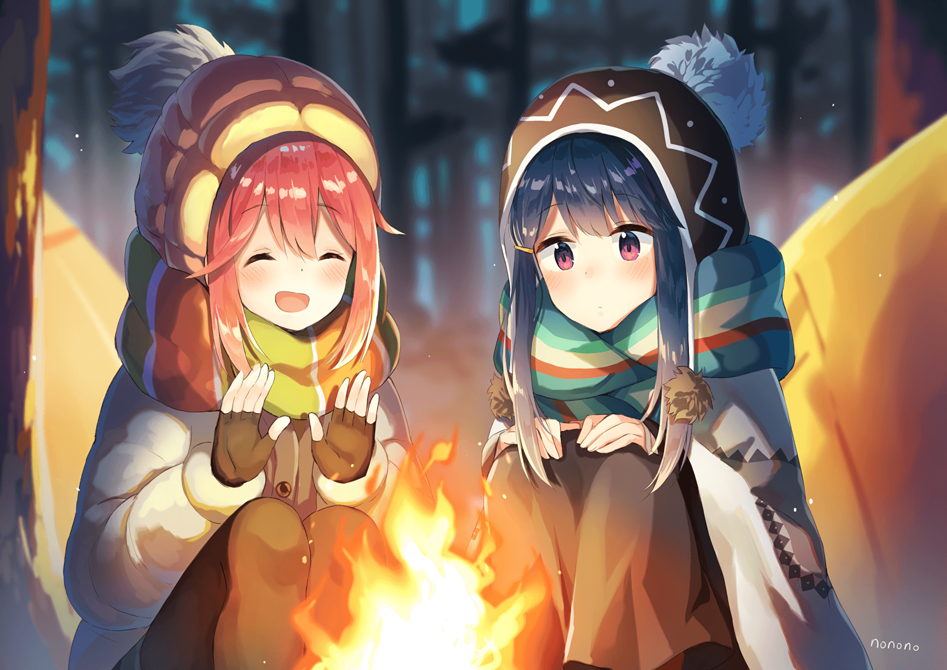 Laid Back Camp Nadeshiko & Rin Camp Fire HD Wallpaper. Background