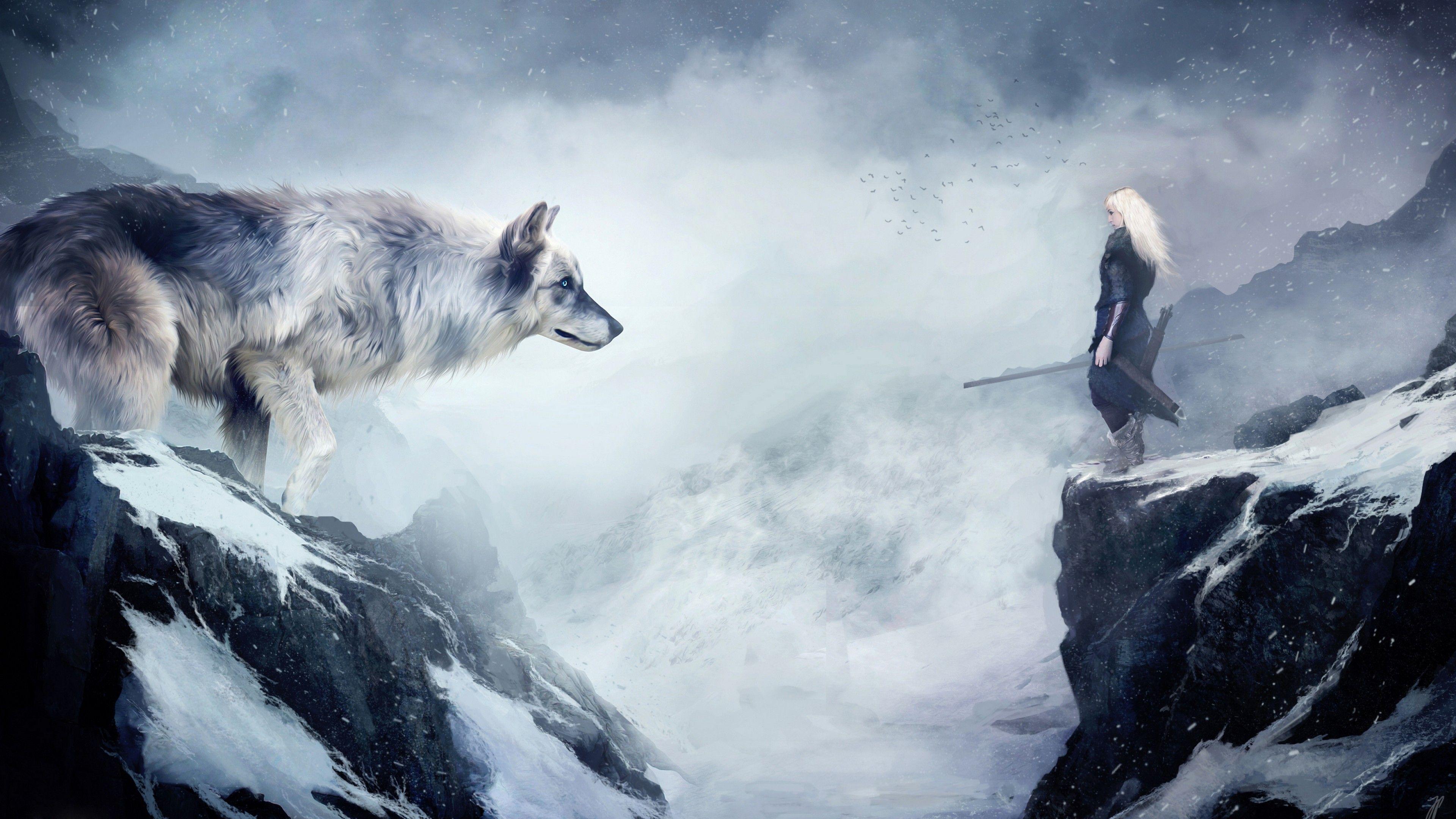 Wallpaper wolf, 4k, HD wallpaper, mountain, girl, animals, winter, drawing, snow, fantasy, art, OS